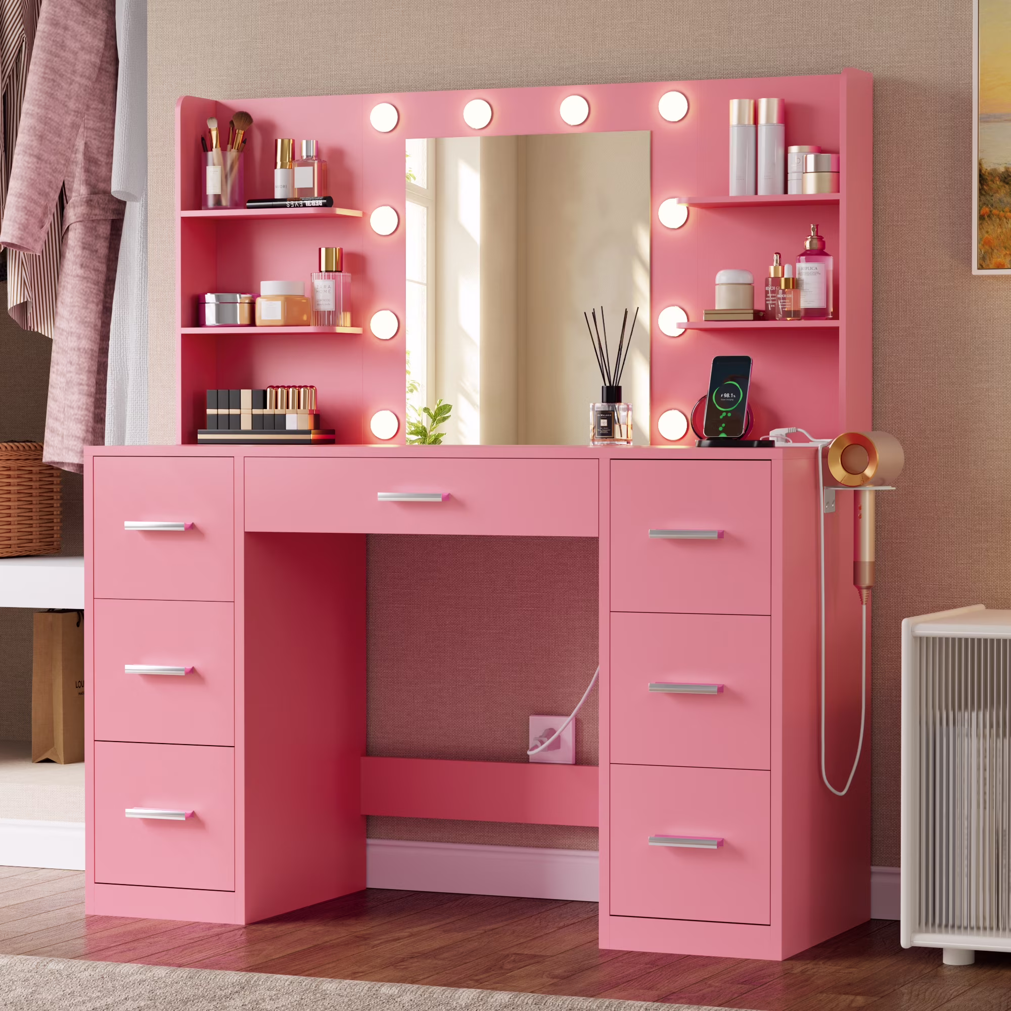Lacoo Vanity Desk with Mirror and LED Lights, Makeup Vanity with 7 Drawers & 4 Shelves, Vanity Table with Power Outlet for Bedroom Dressing Room, White - Image 11