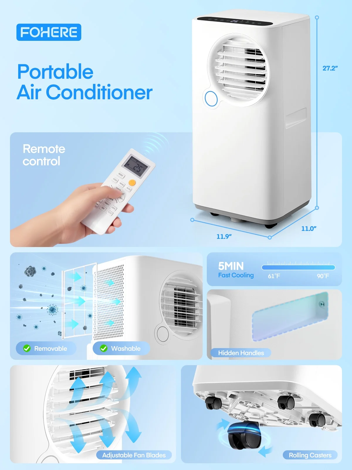 FOHERE 12000 BTU Portable Air Conditioner for Room Cooling and Heating, Covers up to 550 Sq. Ft, 4 IN 1 All Season AC Portable Air Conditioner with Remote Control and Window Kit, White - Image 21
