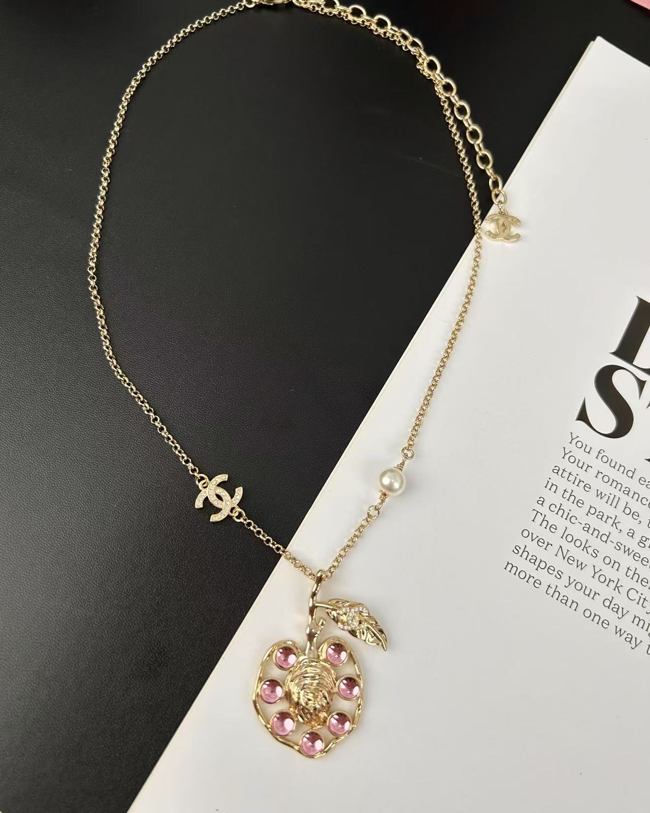 Chanel Pink Rhinestone Peach Pendant Necklace - Original Replica Club