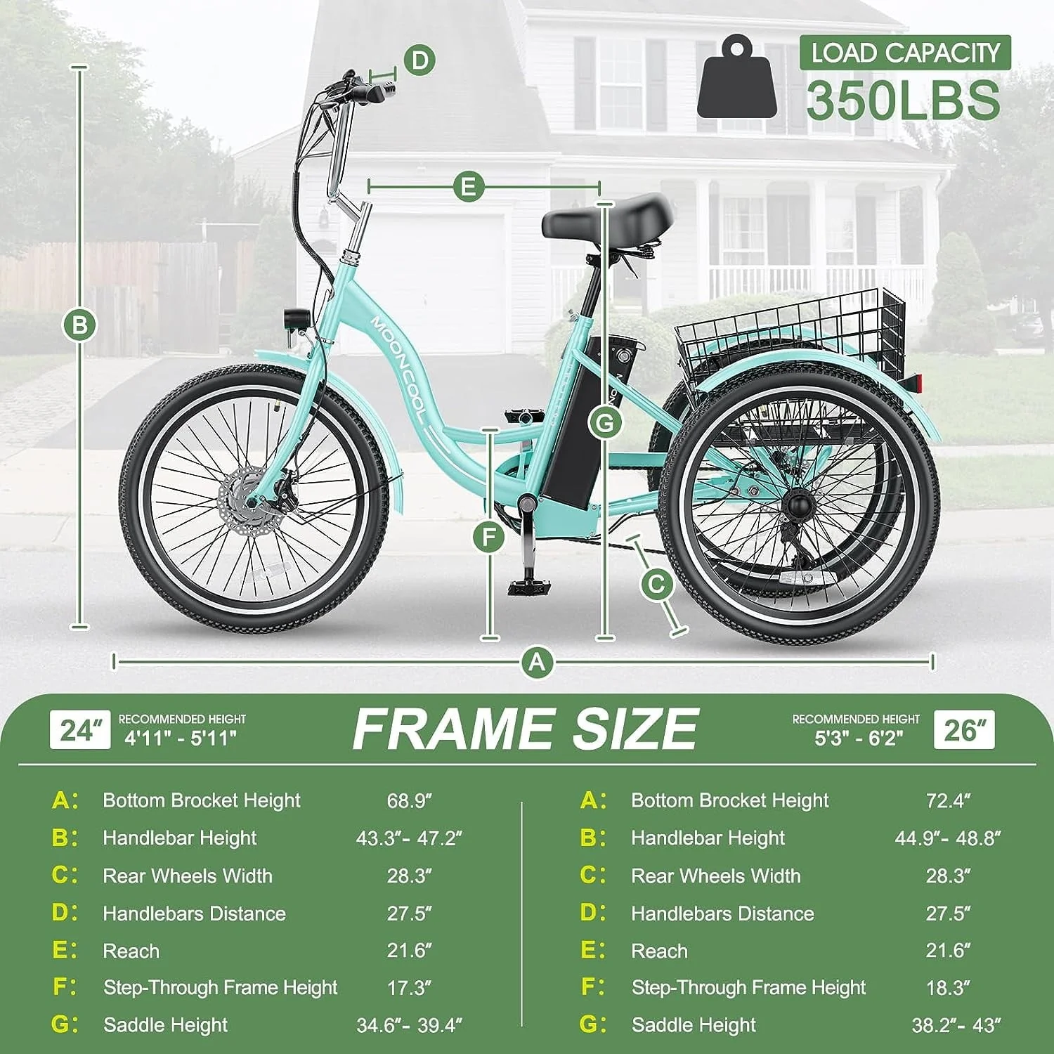 MOONCOOL Electric Tricycle, 350W 36V 24 Inches 7 Speeds 3 Wheels Electric Bikes for Adults, Motorized Electric Trike Three Wheel Electric Bicycle - Image 6