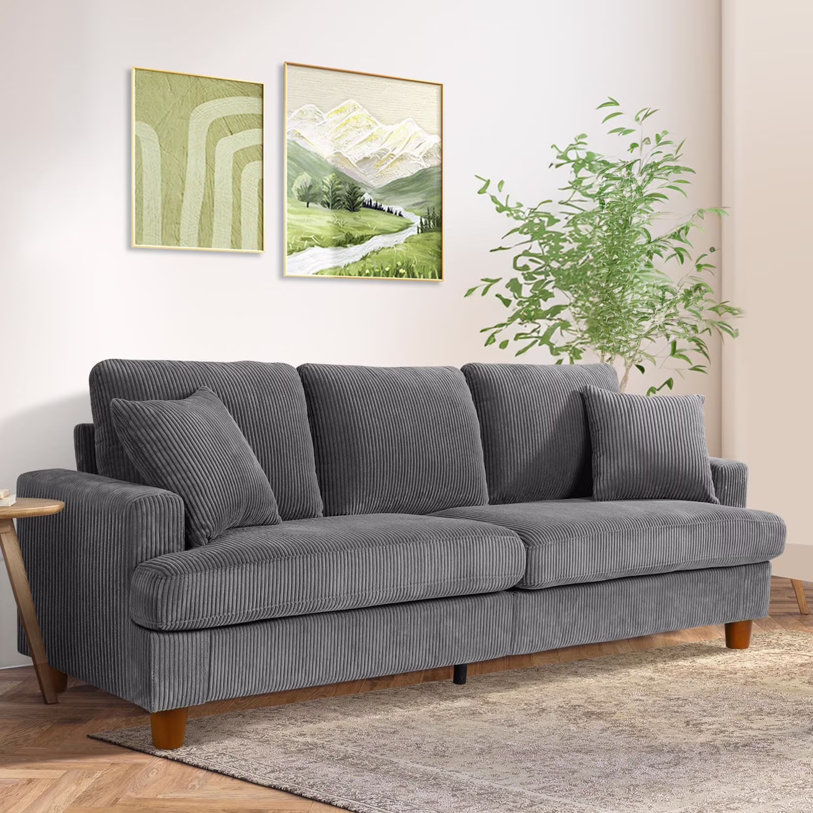 87" Corduroy Sofa,3 Seater Sofa with Extra Deep Seats,Neche Comfy Upholstered Couch for Living Room,2 Pillows,Green - Image 5