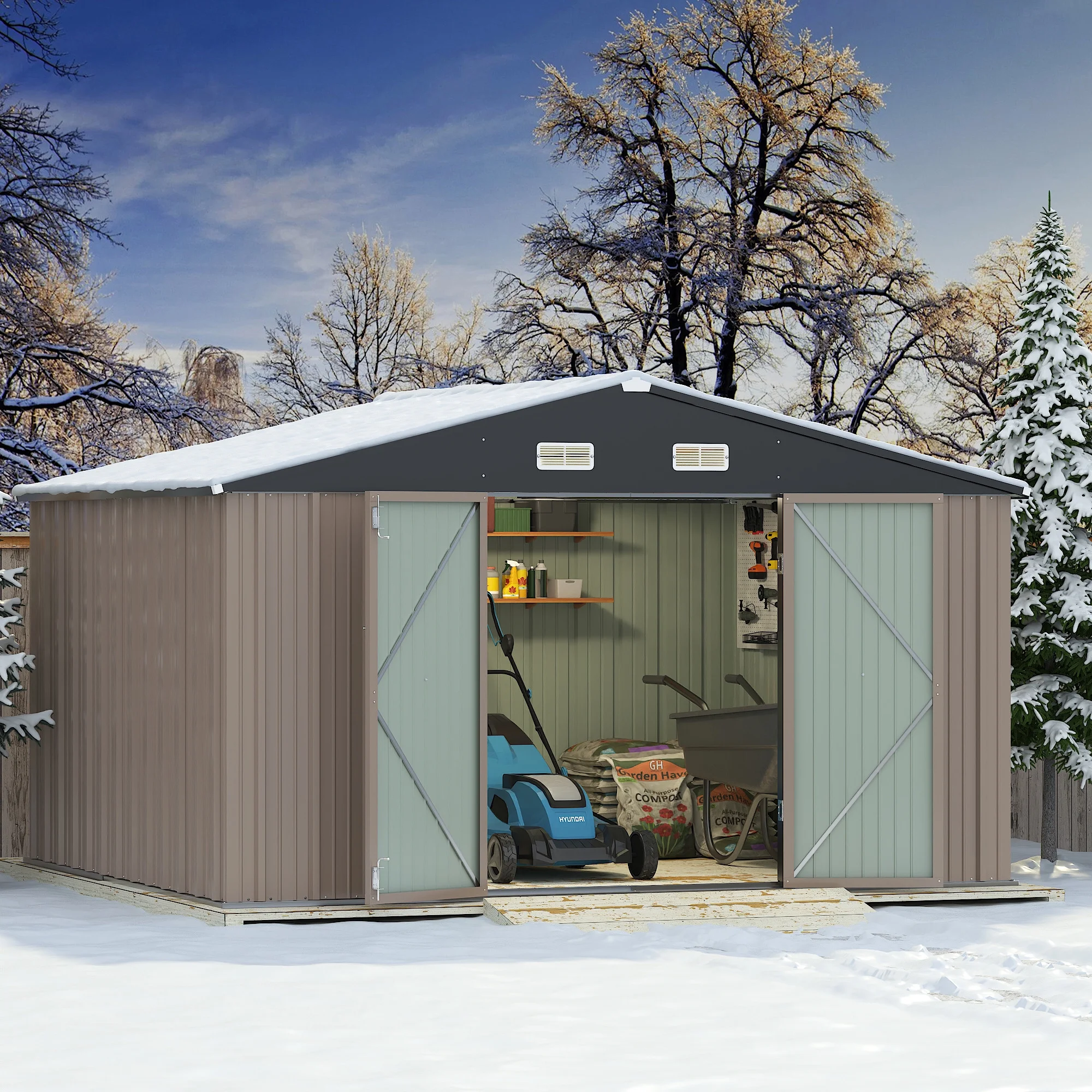 Devoko 10x8 Ft Metal Storage Shed, Lockable Steel Garden Shed for Patio Backyard Outdoor Tools, Brown - Image 3