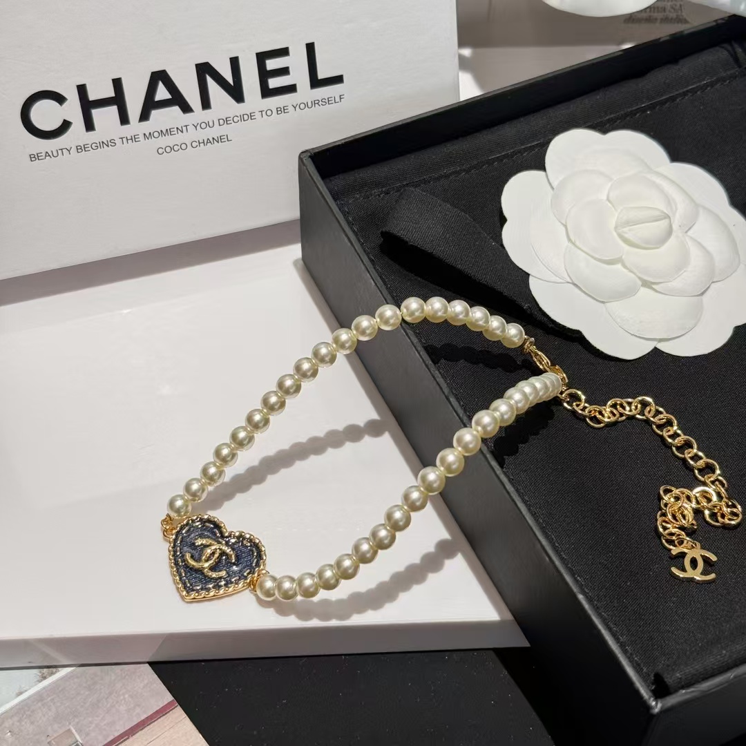 Chanel Denim Heart Pendant Pearl Choker Necklace - Original Replica Club
