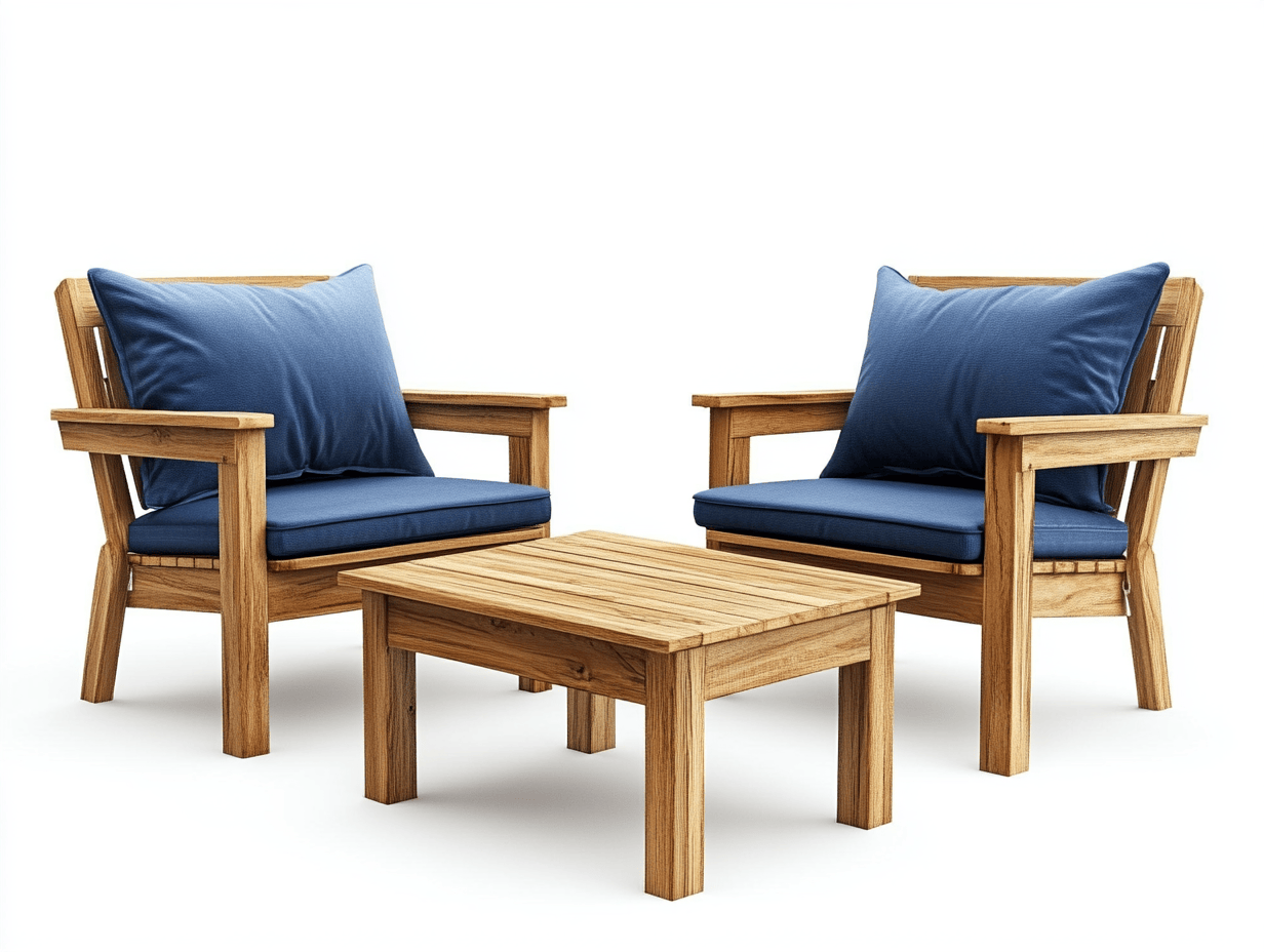 Conjunto de jardín de madera maciza con cojines azules 2 sillones + mesa 66x75x78cm cada sillón, 70x70x40cm mesa