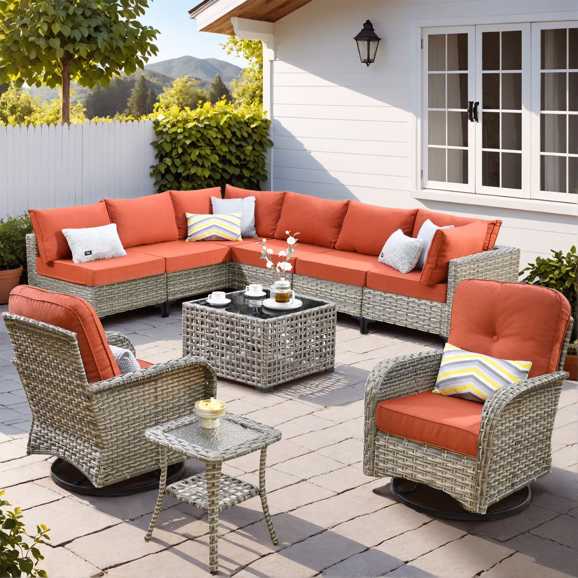 Vcatnet Outdoor Patio Furniture Sets 10 Pieces Sectional Sofa Wicker Conversation Set with Swivel Glider Chairs and Solar Powered Coffee Table for Porch,Backyard,Gray - Image 3