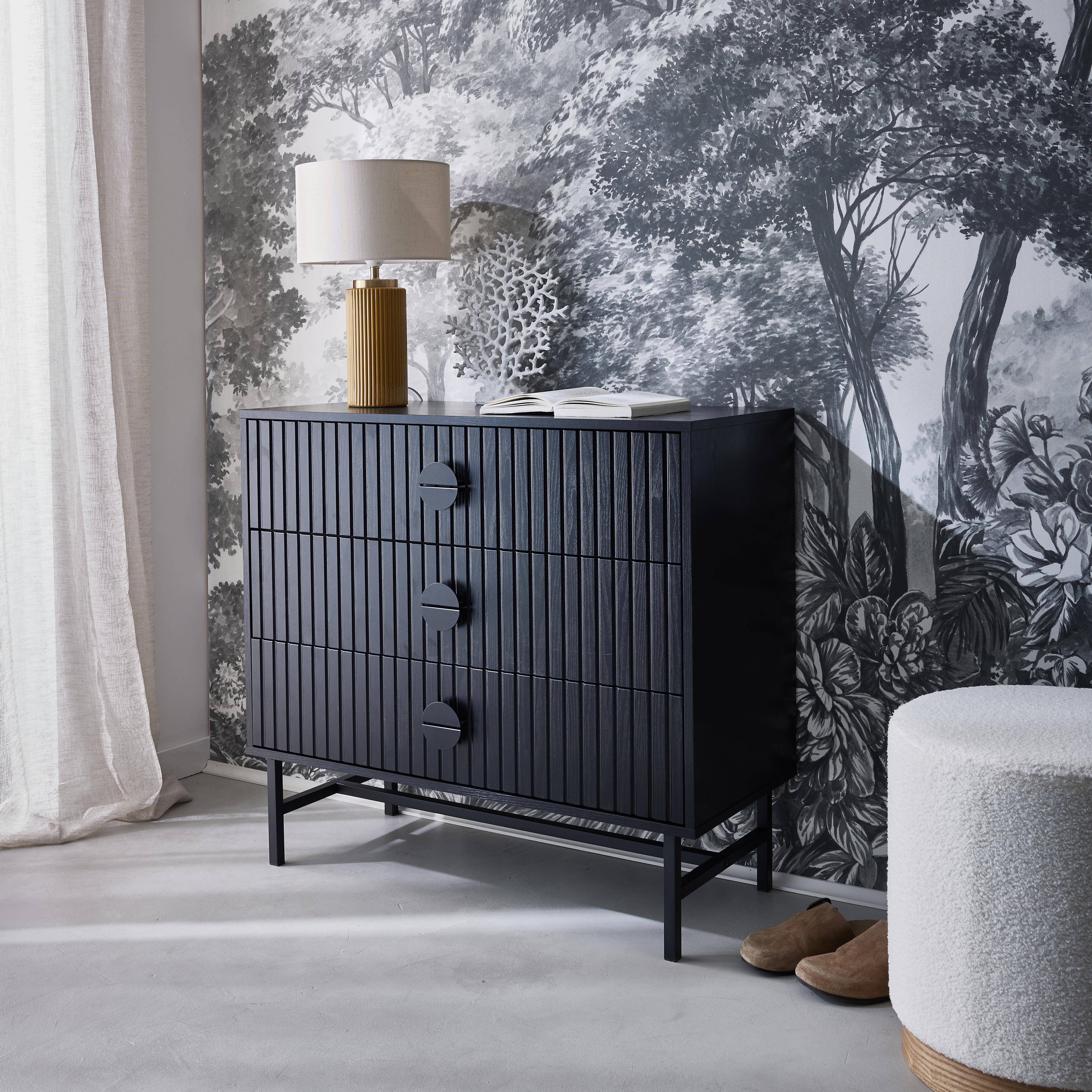 Bazalt - Cómoda con efecto madera y ranuras negras, 3 cajones