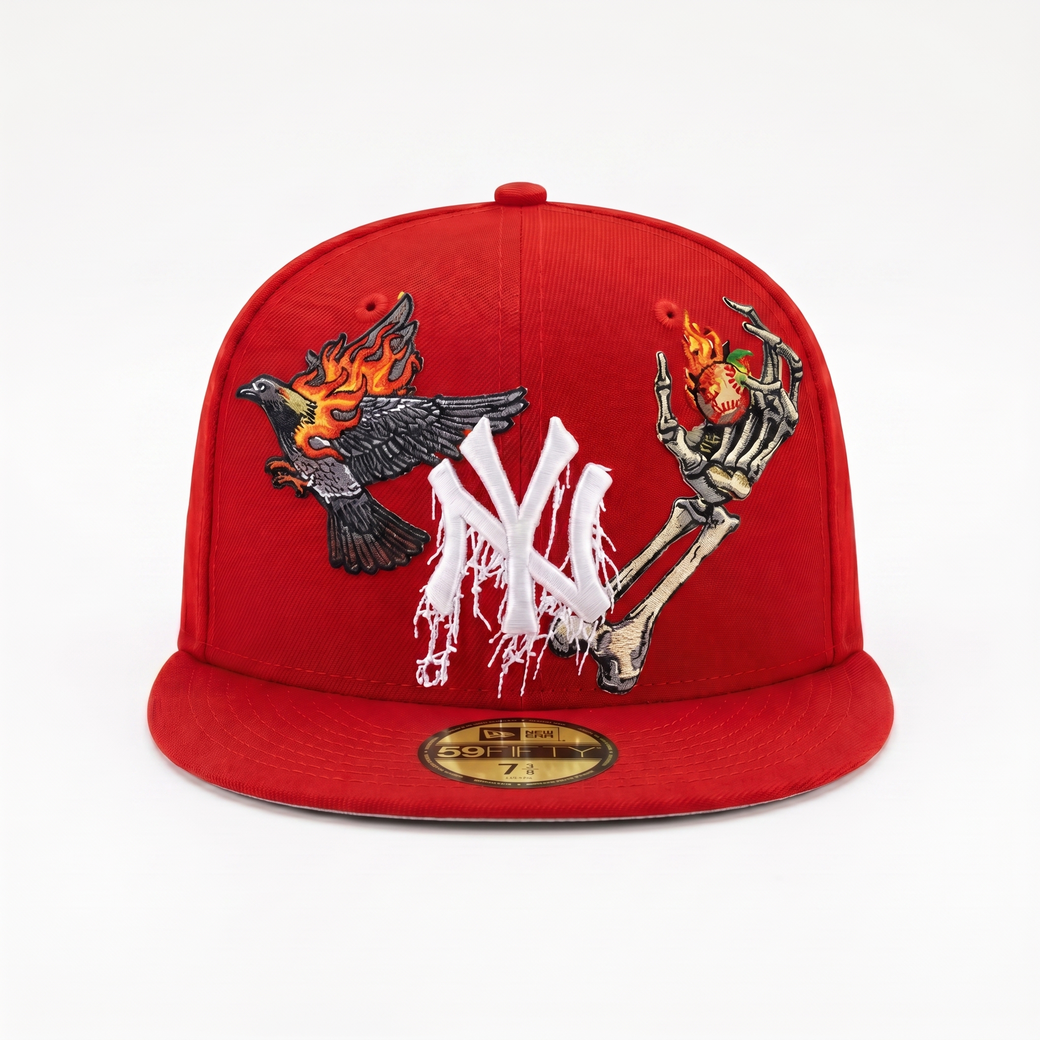 Front view of a custom red New York Yankees fitted hat with dripping NY logo, flaming pigeon, and skeleton hand.