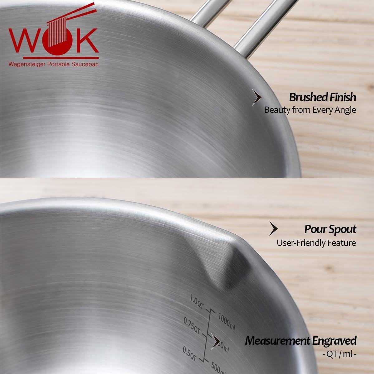 WAGENSTEIGER Mini Wok 200mm Stainless Steel, 3-Ply Aluminum Core Base, Induction Compatible Small Wok Pan, Ramen Pot for Camping & Outdoor Cooking