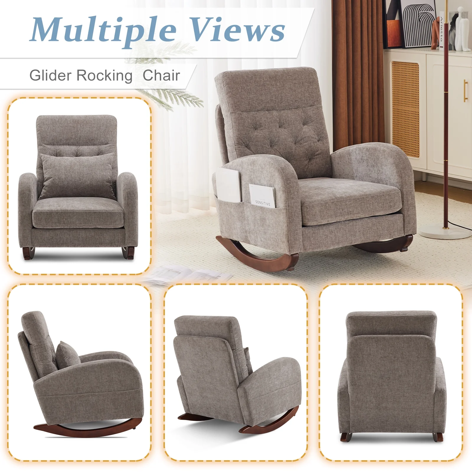 Ktaxon Rocking Accent Chair Glider Reading Chair Comfy Teddy Velvet Upholstered Single Sofa Rocker for Living Room, Nursery, Bedroom Beige - Image 38