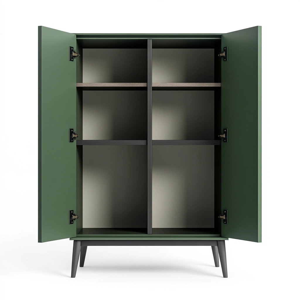 Armario alto moderno para salón de madera con puertas dobles y estantes organizadores acabado verde mate ideal para almacenamiento en hogar OM7328765