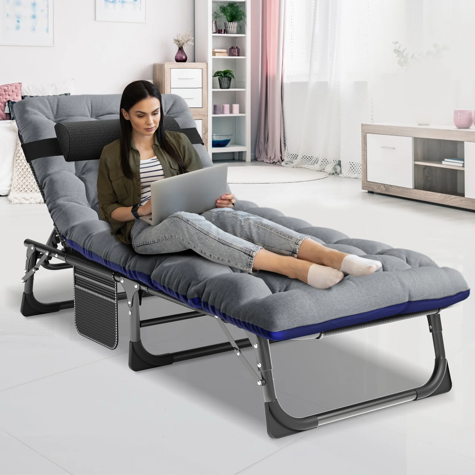 MOPHOTO Lounge Chair with Mattress, Outdoor Chaise Lounge Support 440 Lbs, Adjustable Portable Heavy Duty Sleeping Cots Bed for Camping, Pool, Beach, Patio - Image 30
