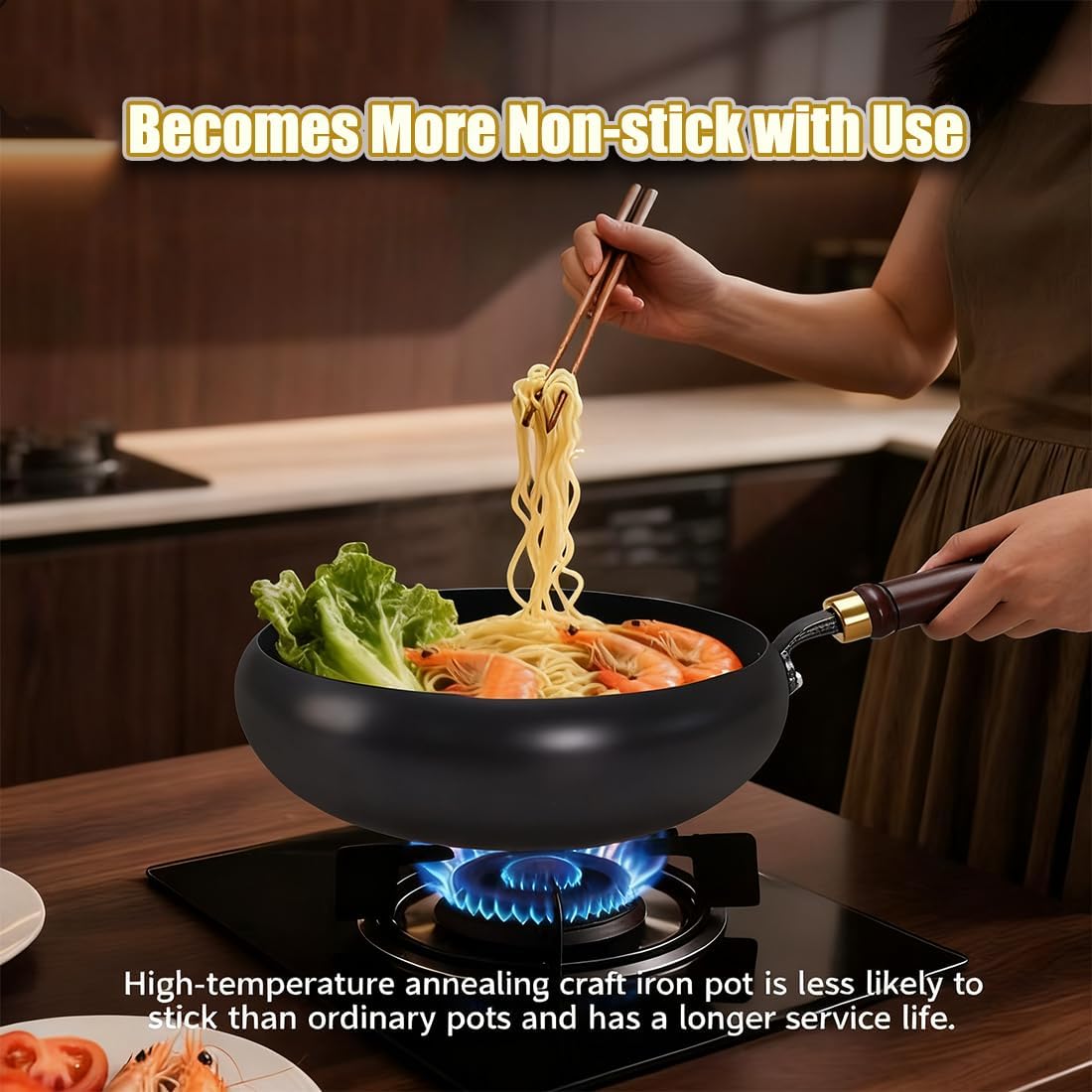 Carbon Steel Wok Pan, Japanese Jinswhdre Cast Iron Pan, Large Capacity Spill Hand-Forged Non-Stick Pans Without Coating for Gas Stove & Cooking (9.4in,With lid)