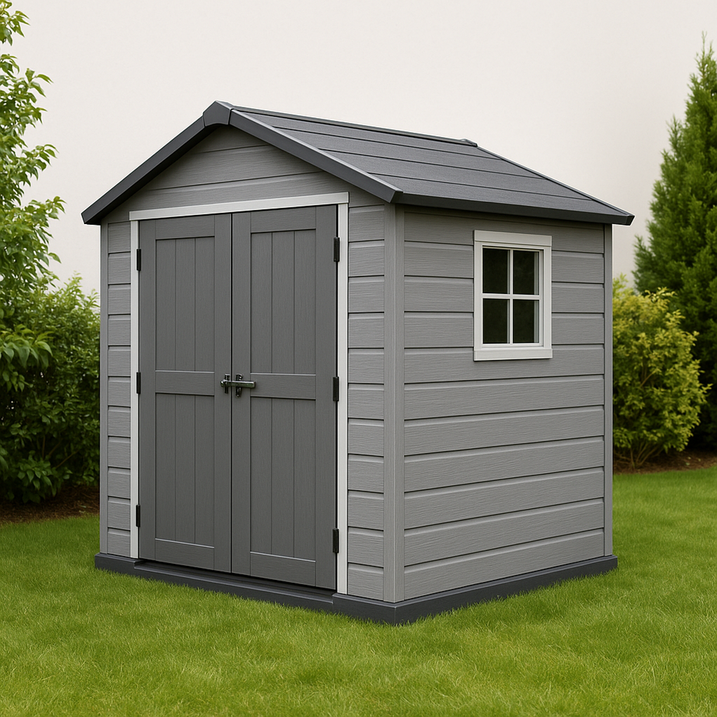 Caseta de jardín de resina 230x230x235 cm color gris skrtqPm400qr