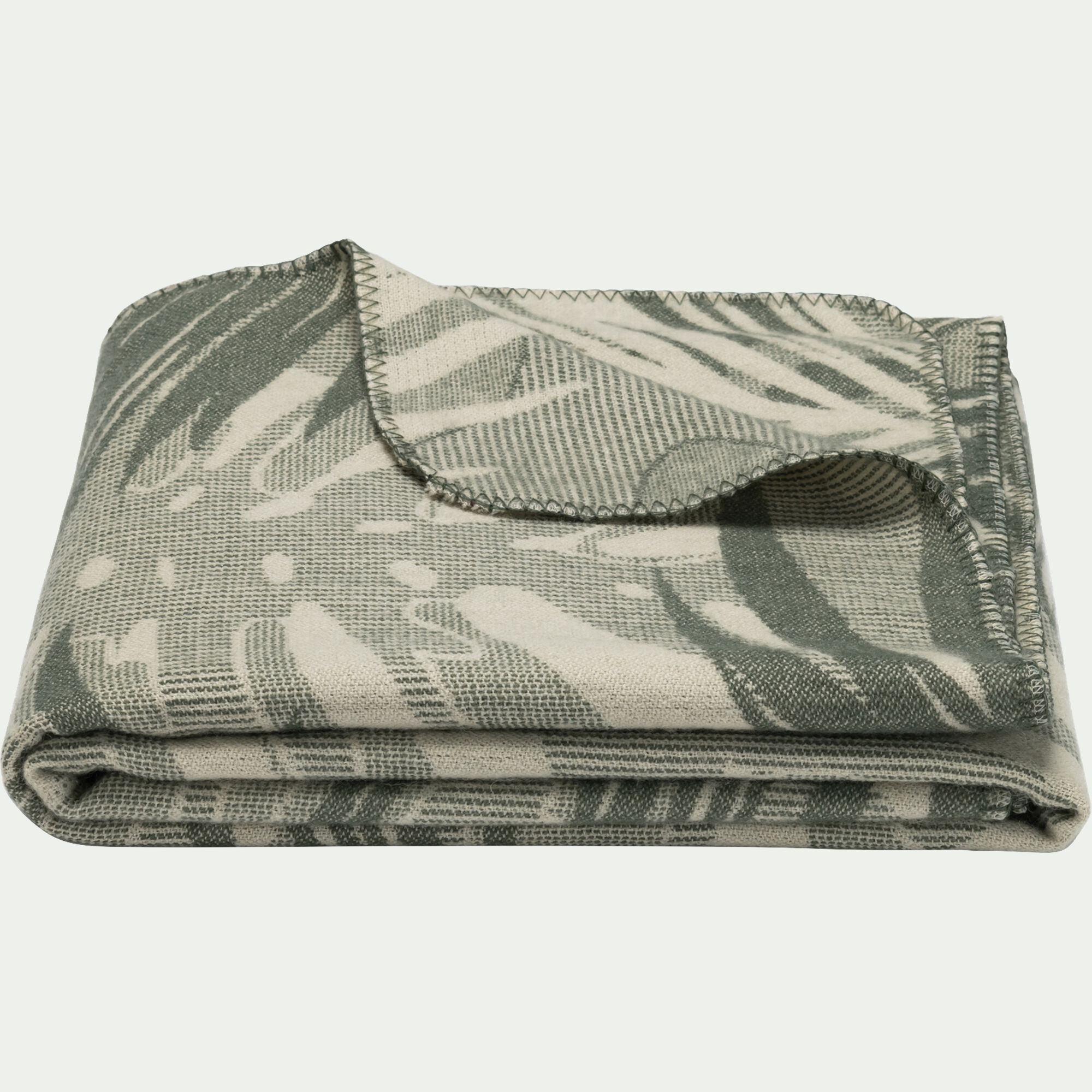 KENTIA - Plaid en laine à motif végétal finition point de cheval 125x170cm - vert