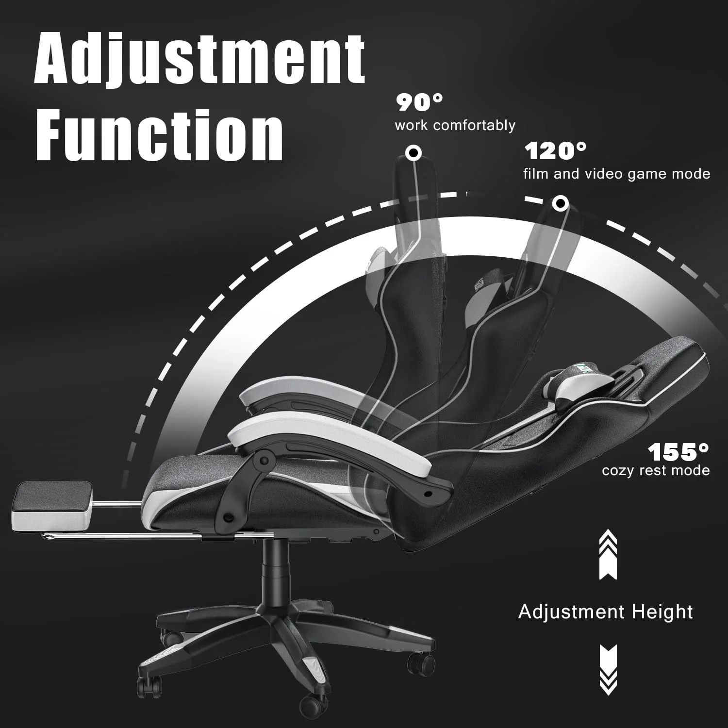 Bigzzia Gaming Chair Office Chair, Ergonomic Game Chair with Height Adjustable Headrest and Lumbar Support for Adults Teens, Black & White - Image 26