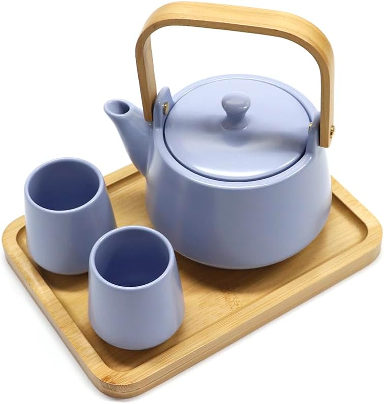 Urban Tokyo Ceramic Tea Set with Bamboo Tray, 20 fl oz Teapot with 2 Cups, Satin Matte Glaze, Japanese Inspired Tea Service for 2 (Blue)