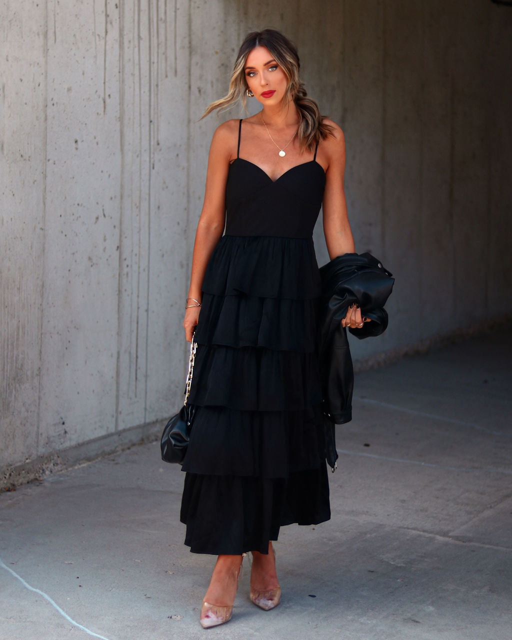 Dhalia Satin Tiered Midi Dress - Black - Se7enfashion