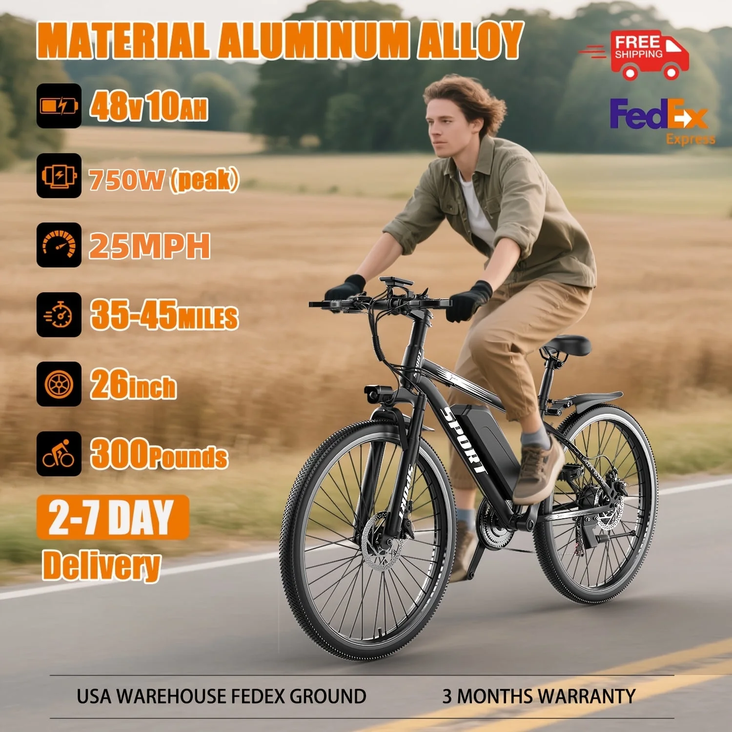 26" Electric Bike for Adults with Peak 750W Brushless Motor, 35Miles 22MPH Commuting Electric Mountain Bike with 36V 10AH Removable Battery, 7-Speed, Front Fork Suspension - Image 7
