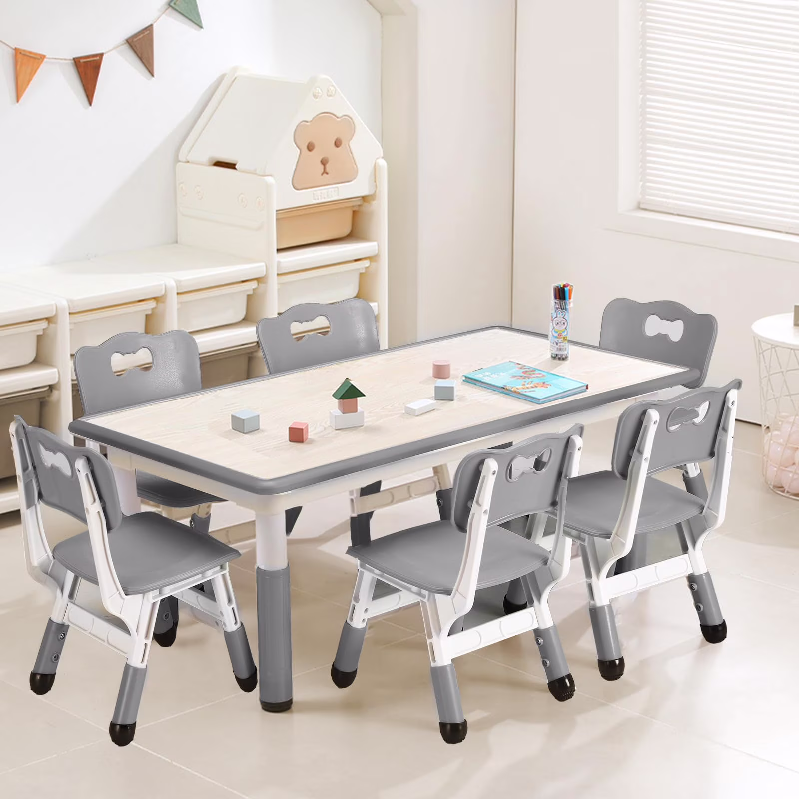 TROPOW Kids Table and Chairs,Height Adjustable Toddler Table and 6 Chair,Multi-Activity Table with Graffiti Desktop Non-Slip Legs for Ages 2-10,Children Activity Table for Daycare,Classroom,Blue - Image 3