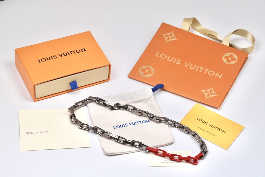 Louis Vuitton Silver Mixed Orange Monogram Chain Necklace - Original Replica Club