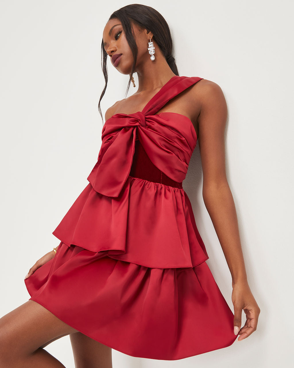 Such A Joy Satin Velvet One Shoulder Tiered Mini Dress - Wine - Se7enfashion