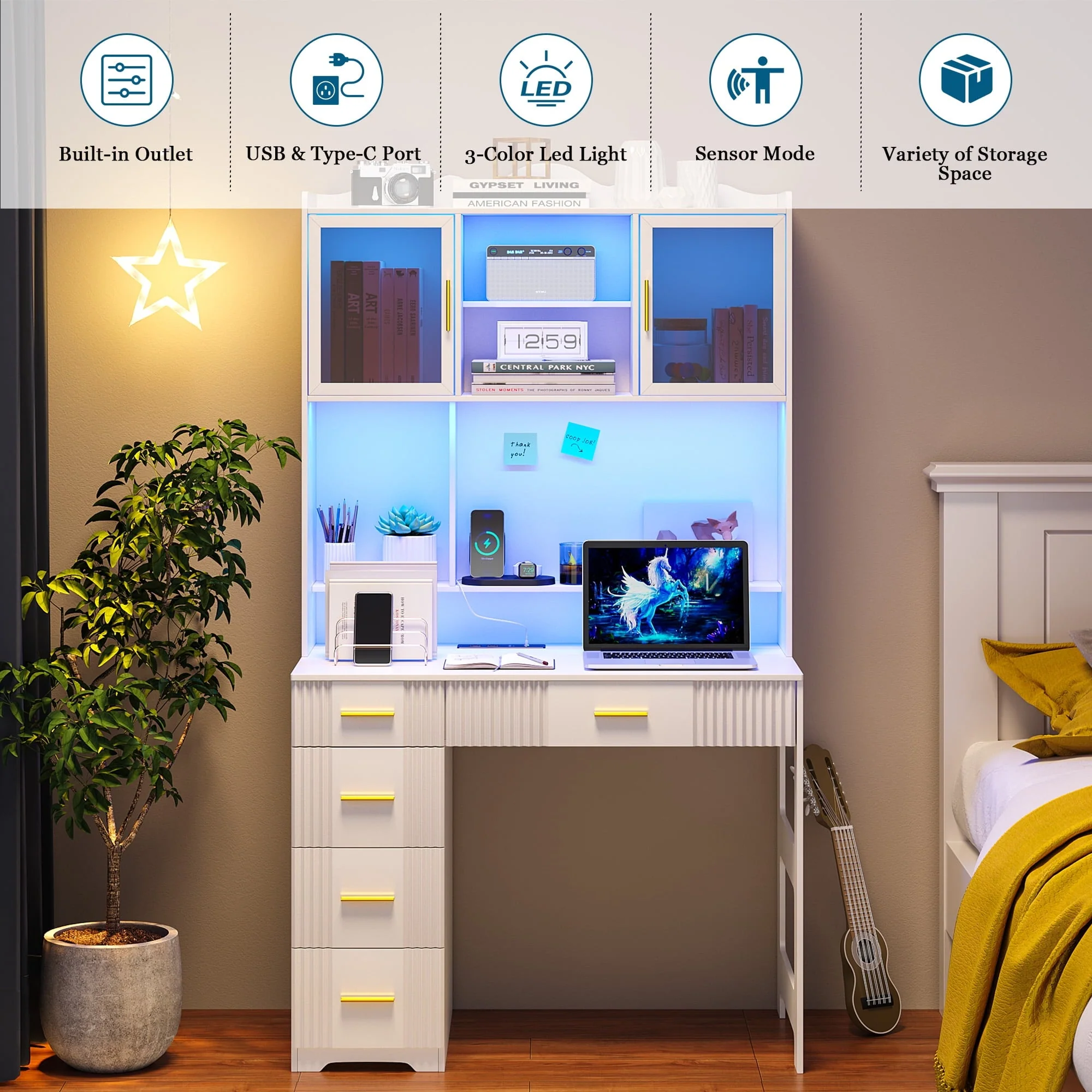 HNEBC LED Study Desk with Hutch and Drawer, Home Office Desk with Outlet, Computer Desk with Charging Station, Writing Desk for Bedroom, Workstation for Small Space - Image 7