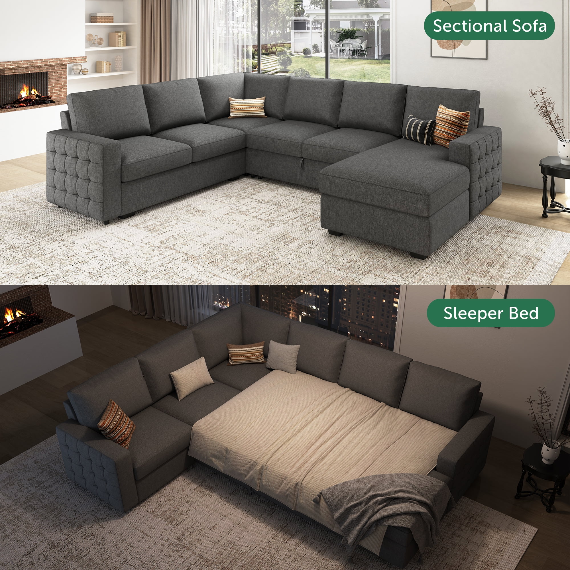 HONBAY Modular Sectional Pull-Out Sofa Bed with Storage Velvet U-Shaped Convertible Sleeper Sofa for Living Room, Blue - Image 53