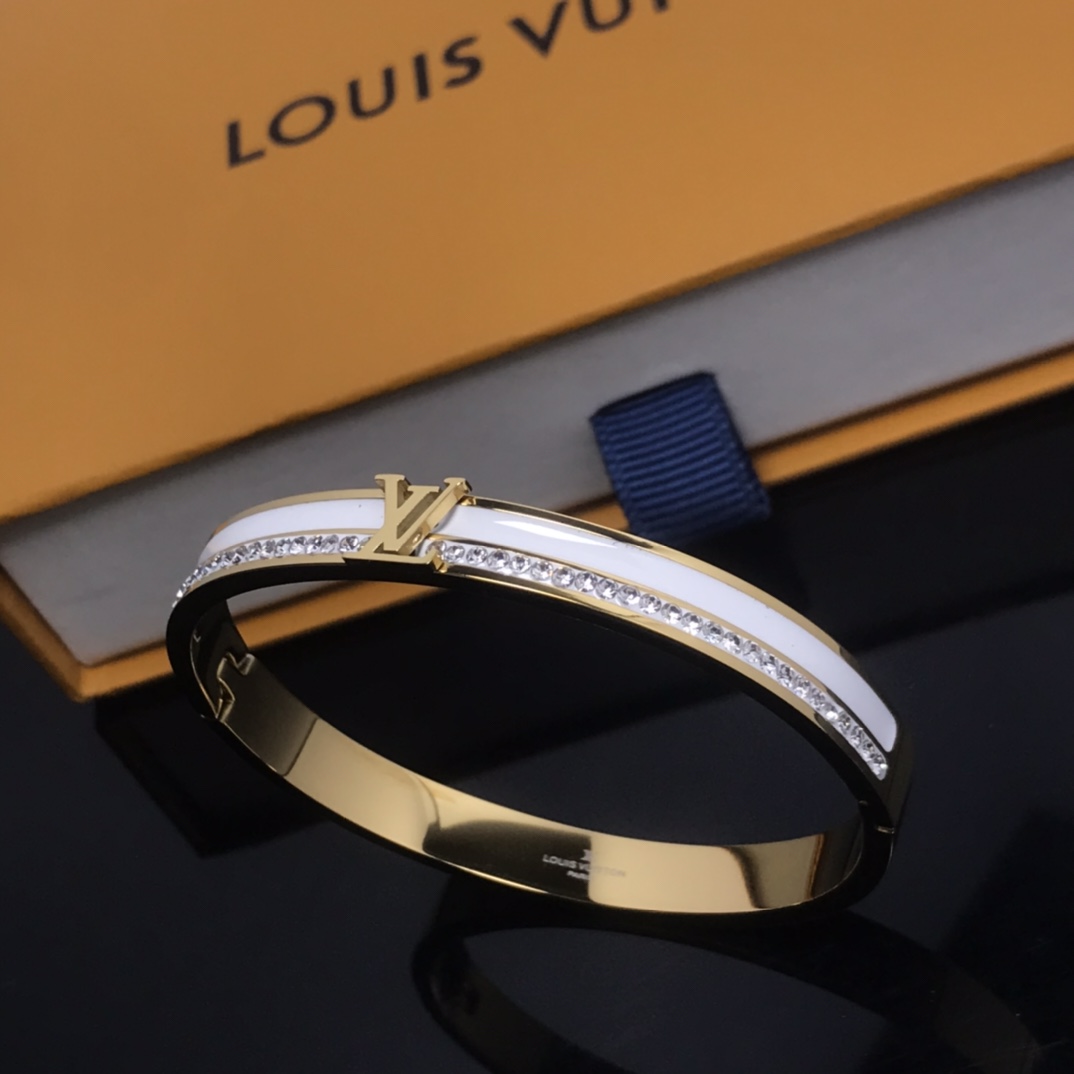 Louis Vuitton White Enamel Diamond LV Bangle Bracelet - Original Replica Club
