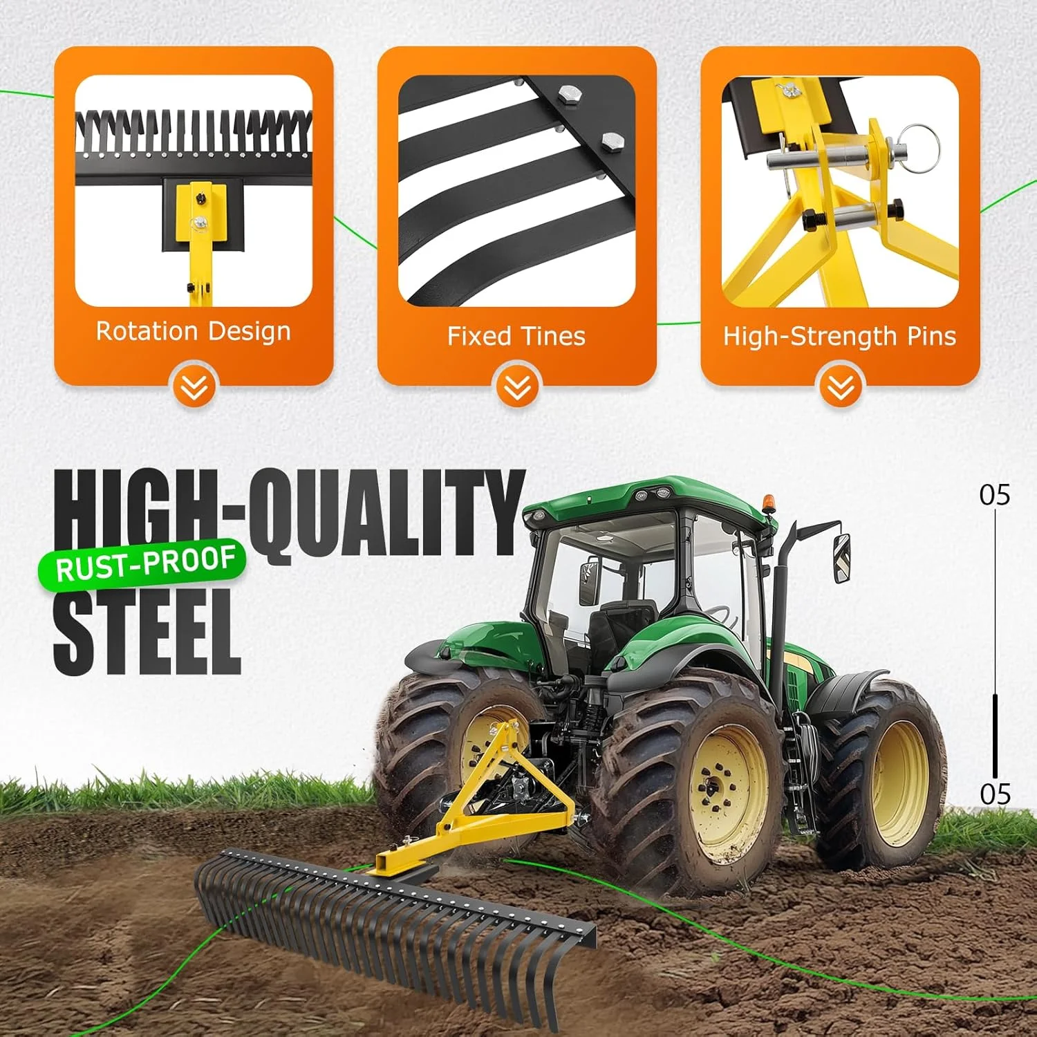 KOJEM 60In Landscape Rake 3 Point Rake 360 Degree Rotation Compatible with Category 1 Cat1 Compact Tractors Tow-Behind Garden Tool for Garden Farm Clearing Brush Raking Arenas 2 Package Yellow - Image 8