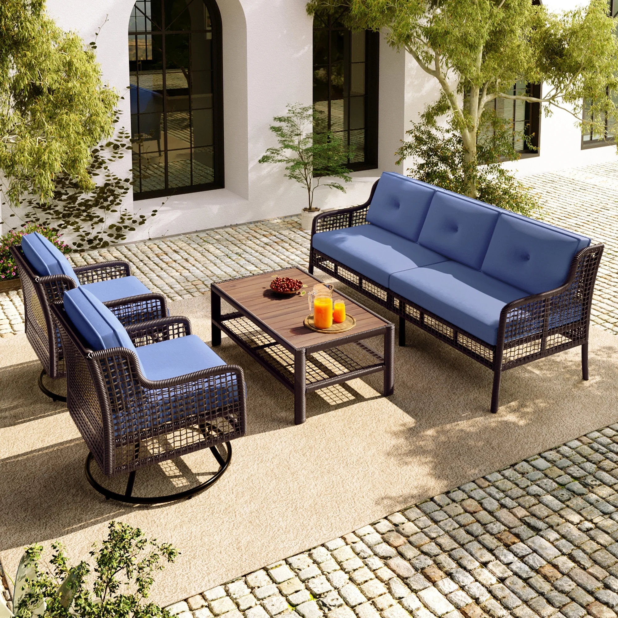 8 Pieces Outdoor Wicker Round Furniture Set, All Weather Half-Moon Sectional Patio Sofa Sets with Rectangular Coffee Table, Beige - Image 29