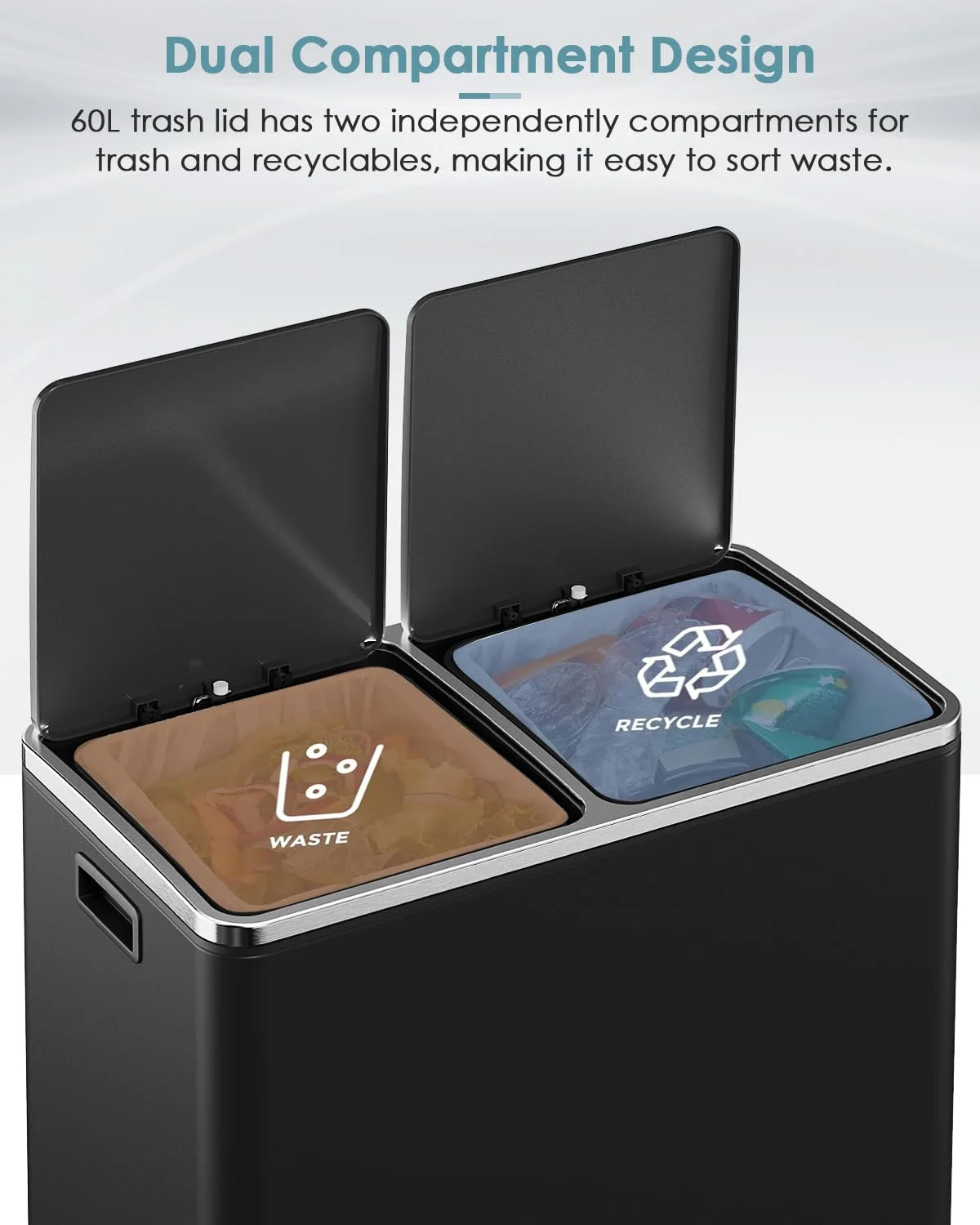 LAZY BUDDY Dual Garbage Can, Stainless Steel 16 Gallon Step Kitchen Trash Can with Soft-Close Lid, Double Compartment Garbage Recycling Bin - Image 14