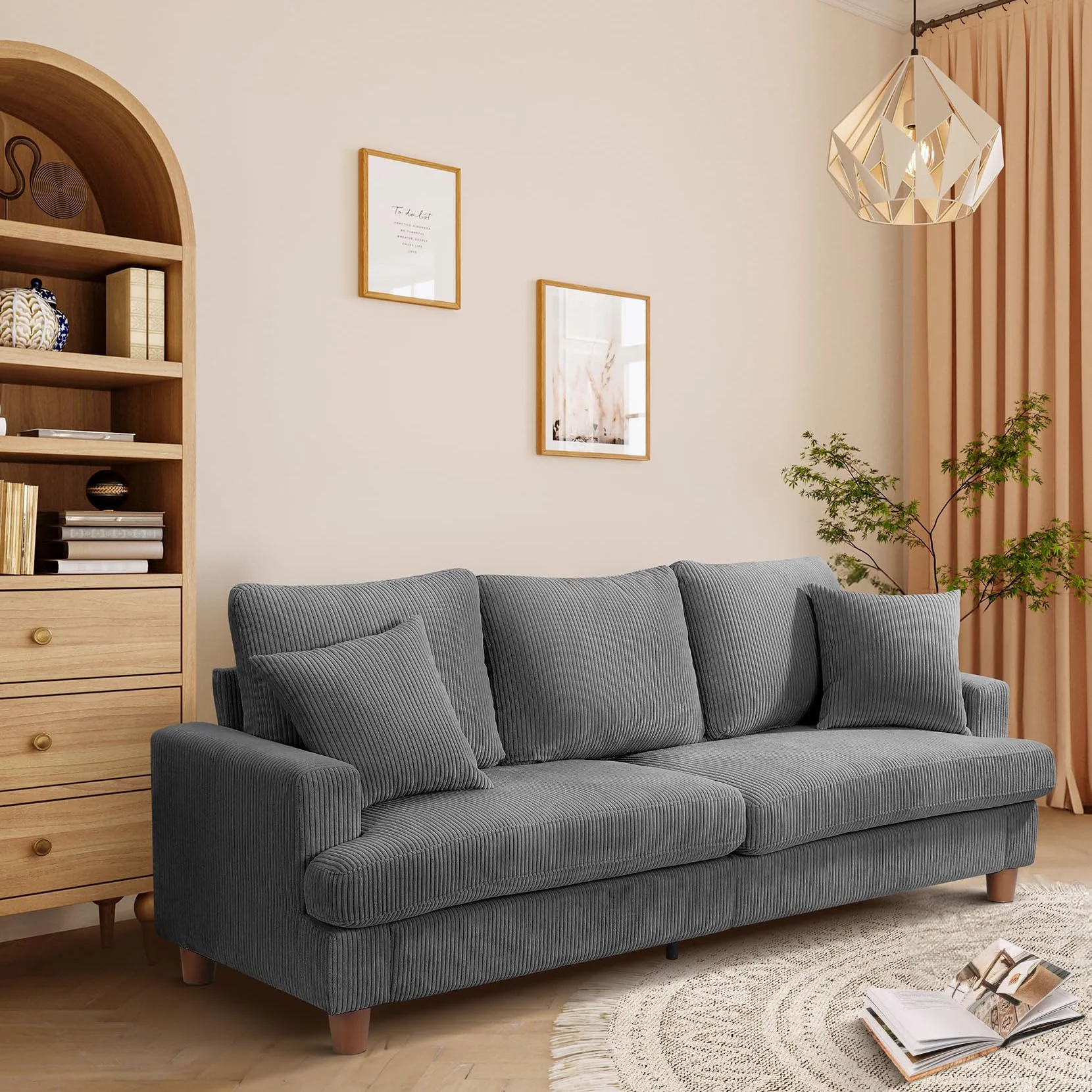 87" Corduroy Sofa,3 Seater Sofa with Extra Deep Seats,Neche Comfy Upholstered Couch for Living Room,2 Pillows,Green - Image 26