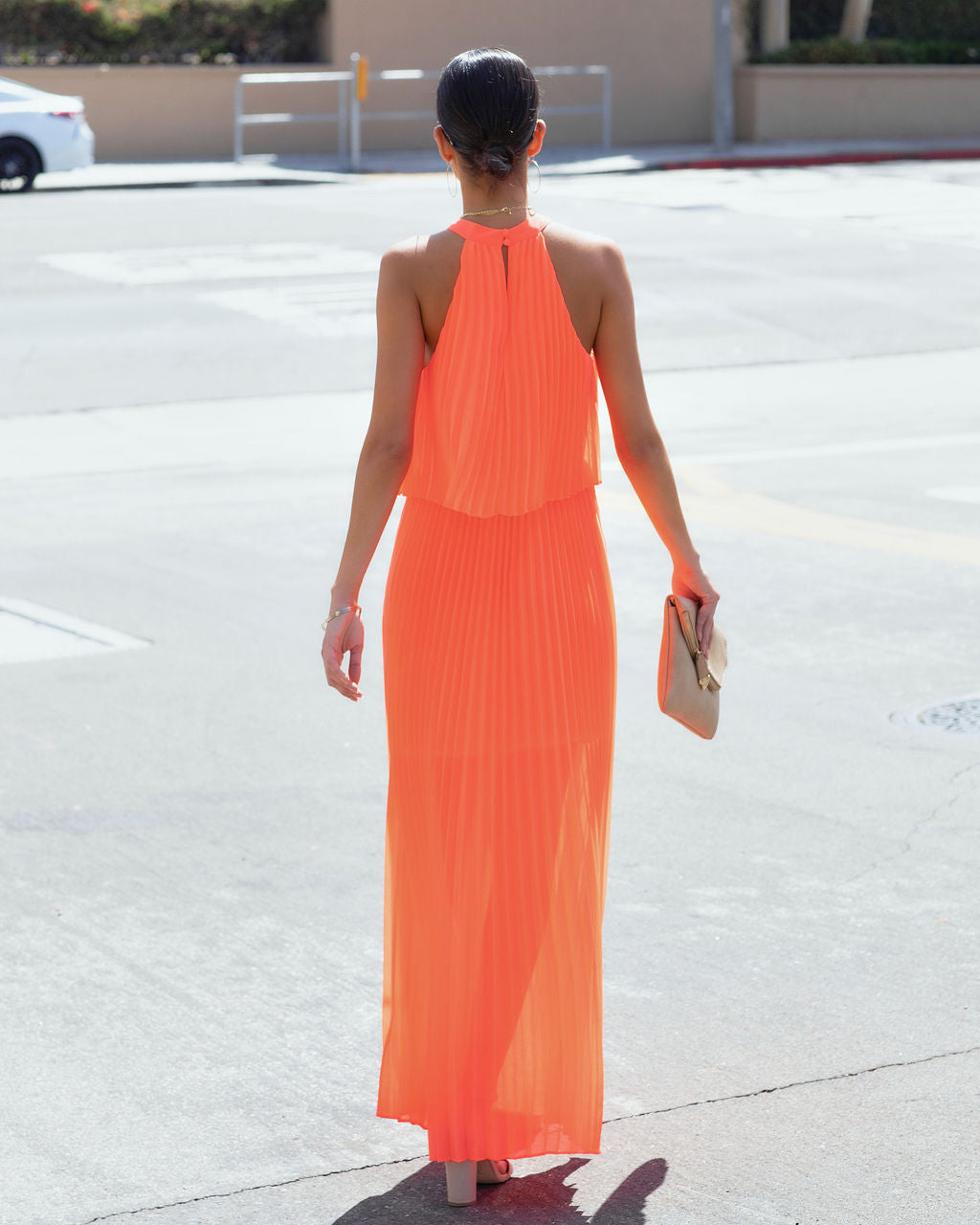 Calixta Halter Pleated Maxi Dress - Neon Orange - FINAL SALE - Se7enfashion