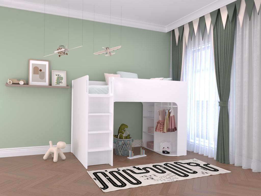Cama alta 90 x 190 cm con compartimentos - blanco - Con colchón - COLUMI