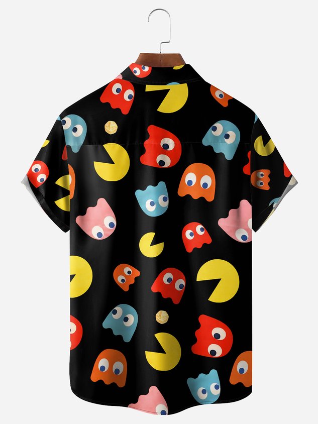 Cartoon Pattern Chest Pocket Short Sleeve Casual Shirt