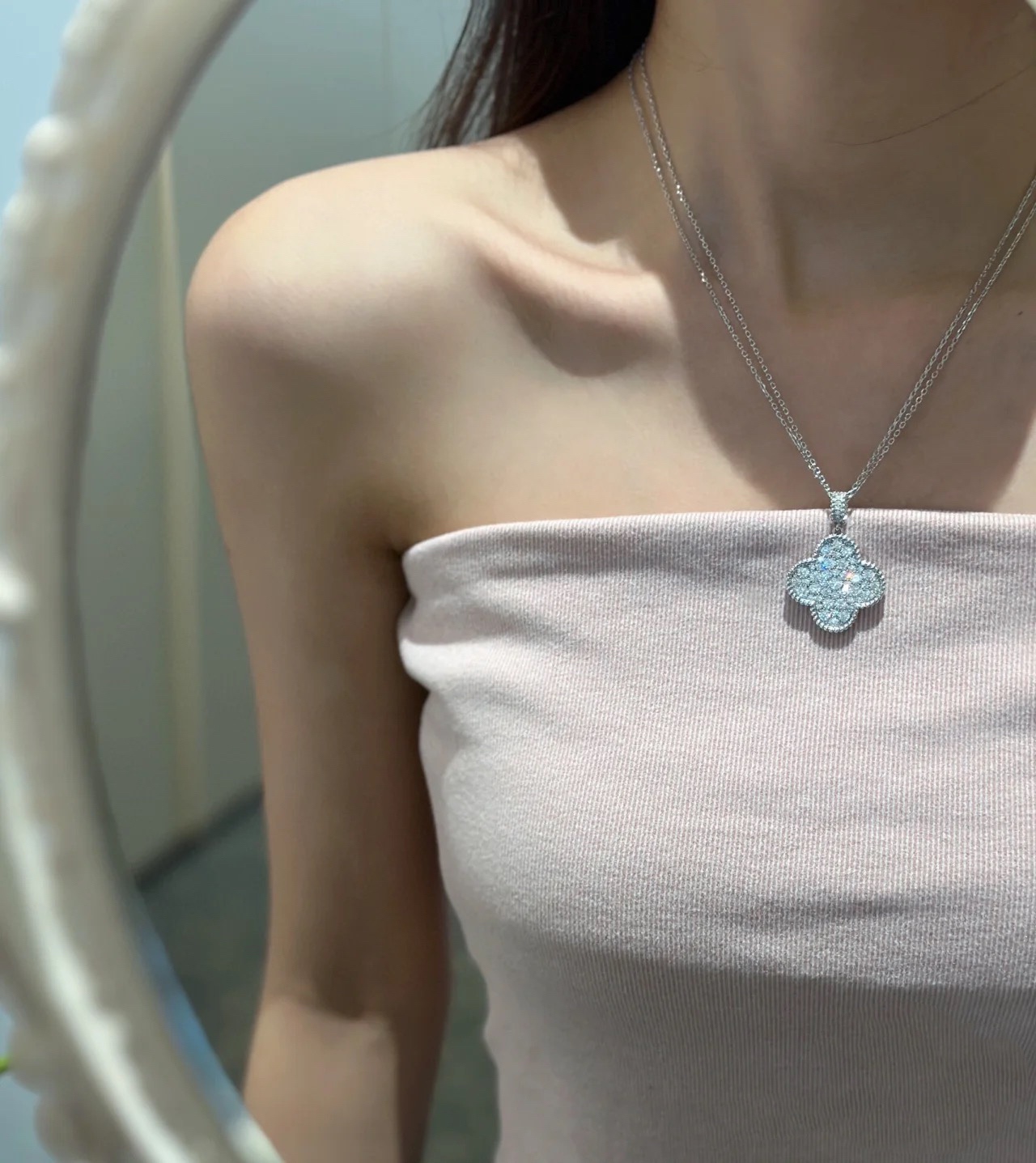 VCA Full Diamond Paved Large Clover Magic Alhambra Long Necklace, 1 motif - Original Replica Club