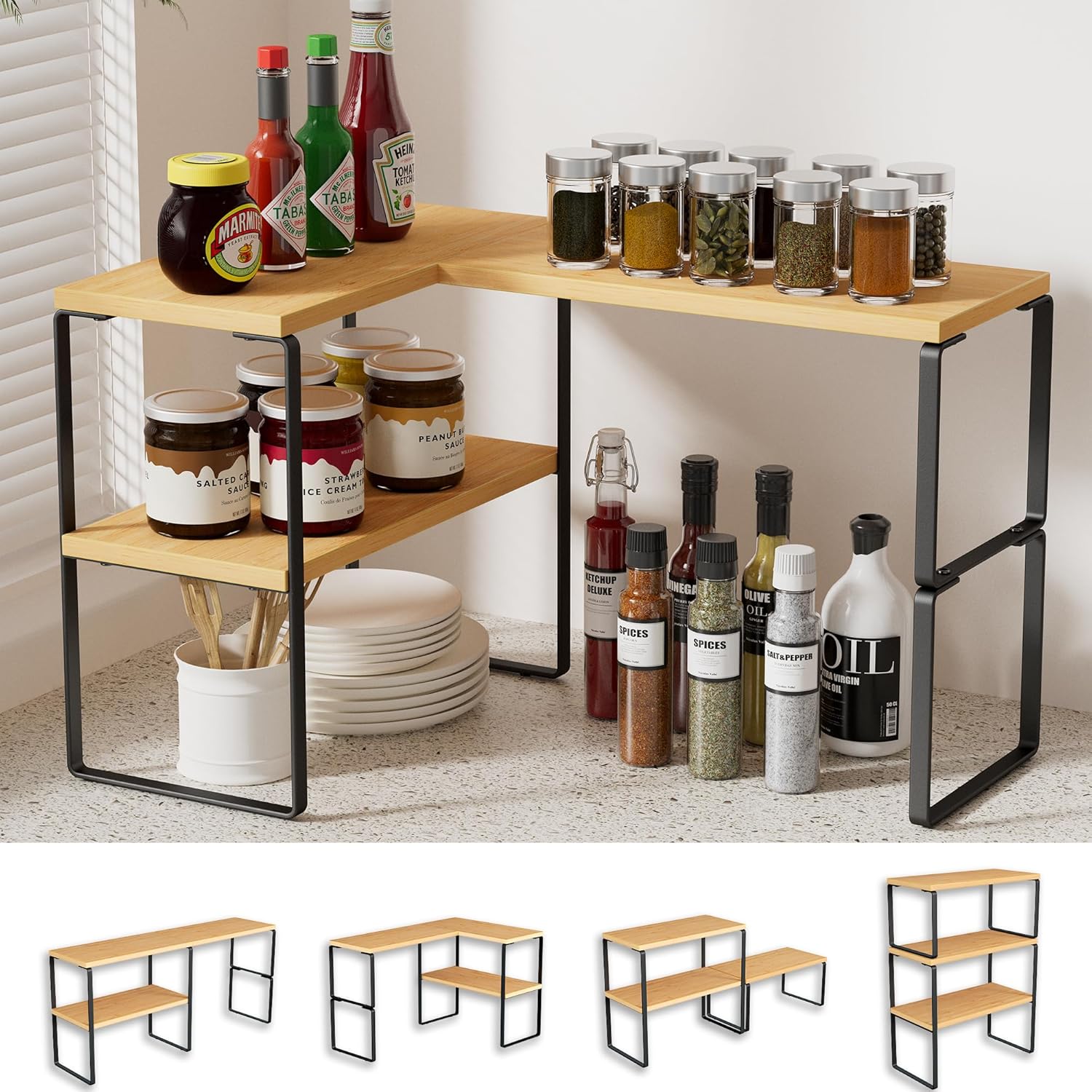 Golener Countertop Organizer Corner Shelf, 2-Tier Adjustable Stackable Corner Shelves for Kitchen, Spice Rack, Coffee Bar, Over Sink, Bathroom, Dresser Table, Corner Counter Shelf Stand, Natural Beige