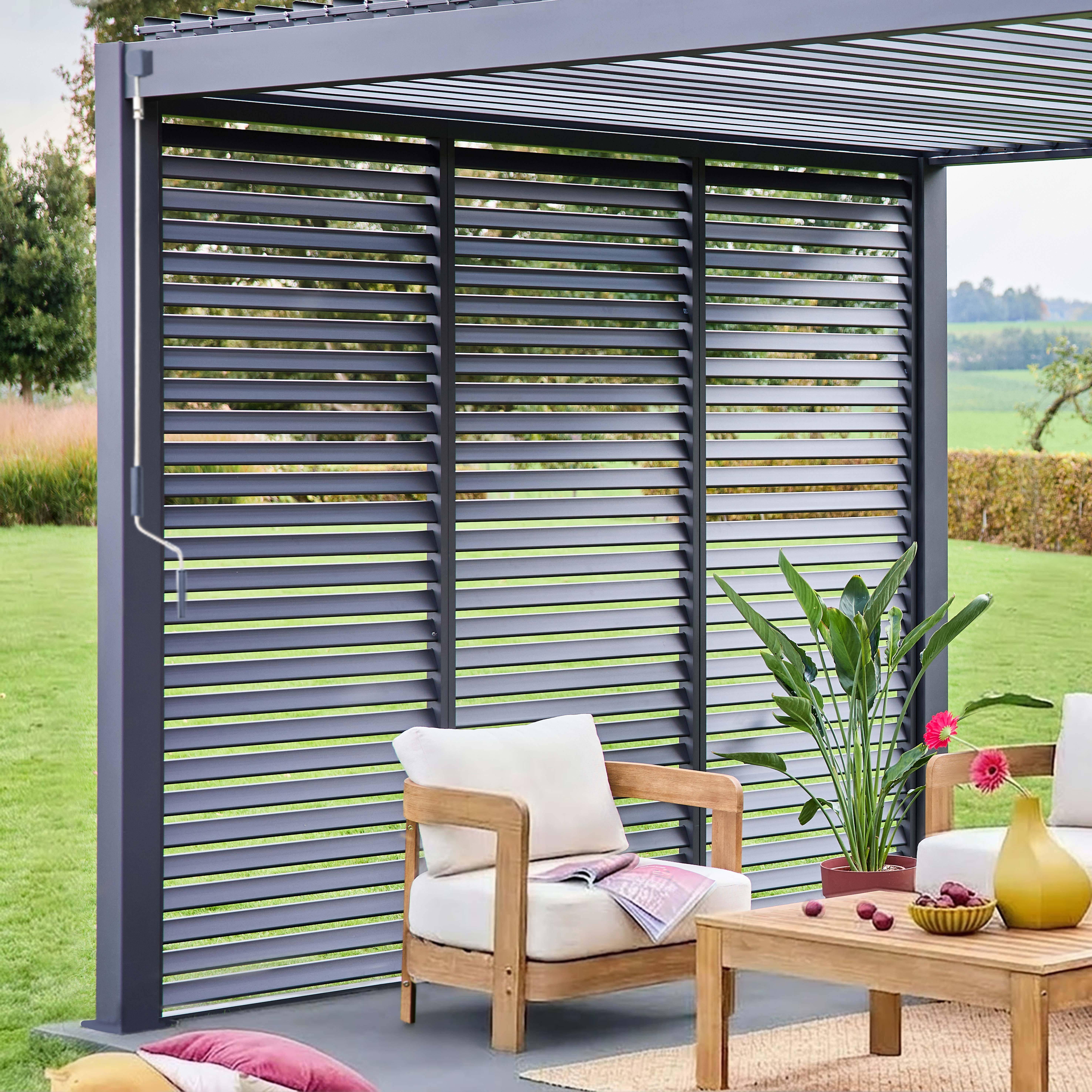 Triomphe 3x4m + accesorios - Pérgola bioclimática de aluminio 3x4m + 3 persianas de 1m