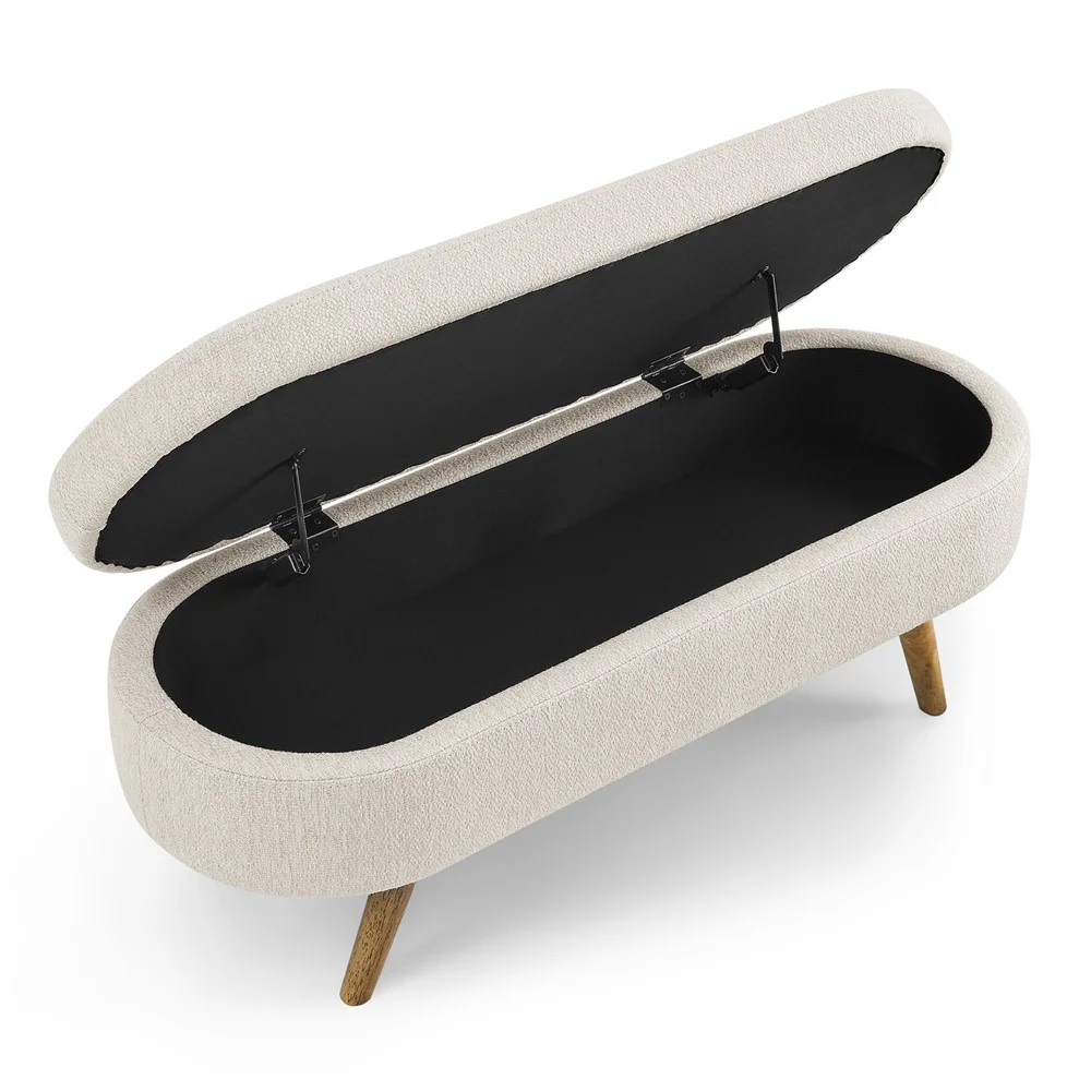43.5" Oval Storage Ottoman Bench with Solid Wood Legs, Linen Fabric Upholstered Entryway Bench with Safety Hinge, Indoor Bench for End of Bed, Sofa Side, Entryway - Image 4