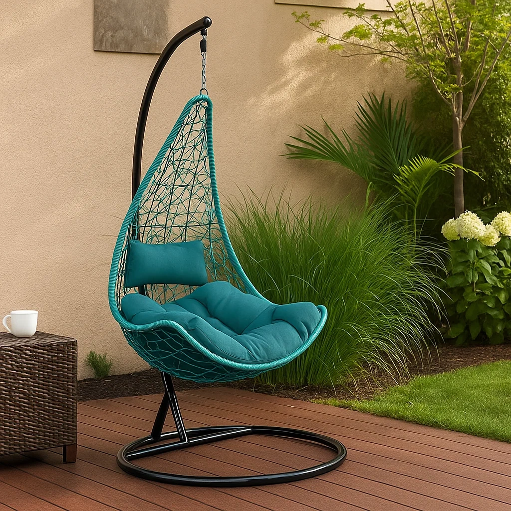 Sillón colgante de 1 plaza con estructura metálica, Tejido de resina trenzada, Cojín verde turquesa - nZUGbQV239Ki