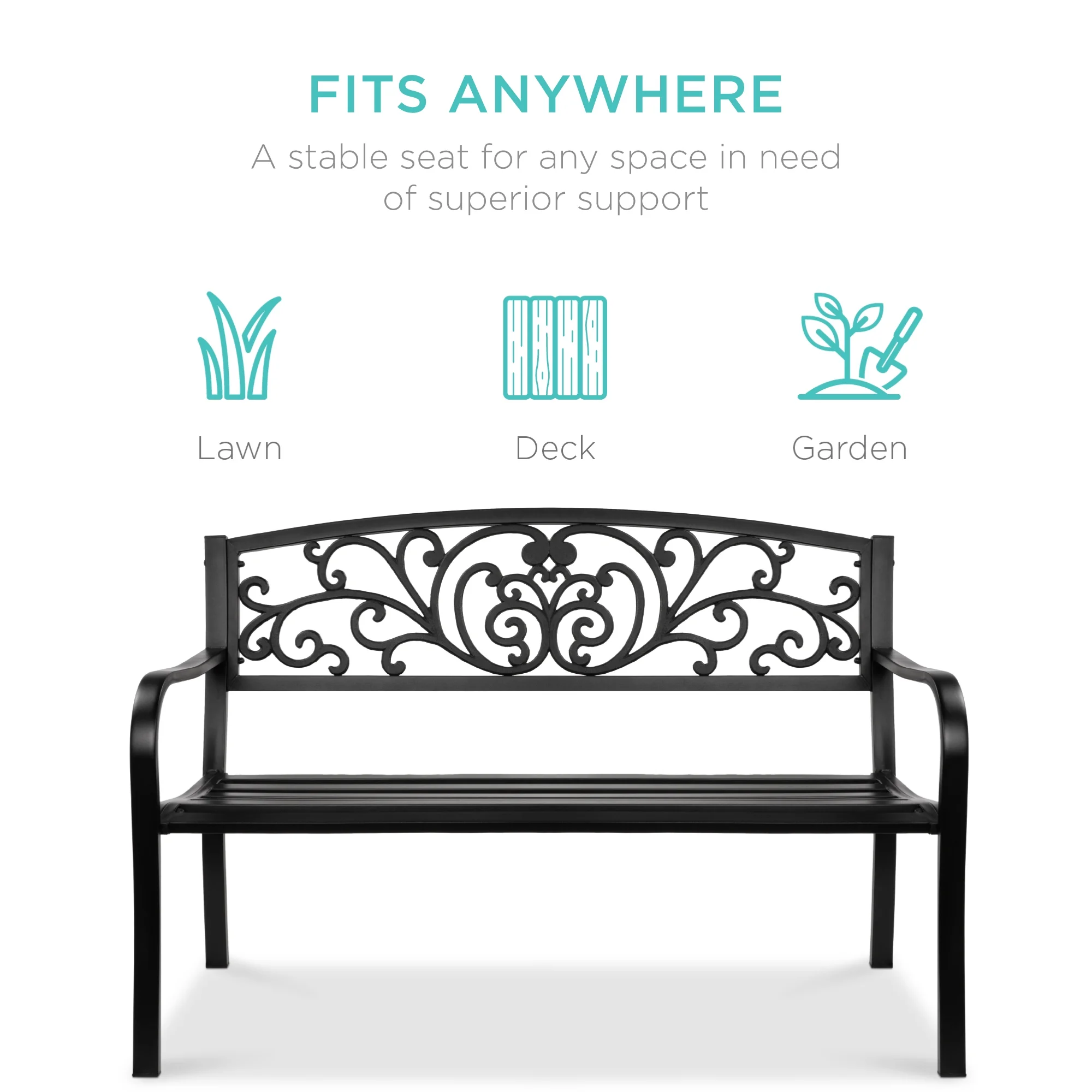 Best Choice Products Outdoor Steel Bench Garden Patio Porch Furniture w/ Floral Design Backrest - Black - Image 2