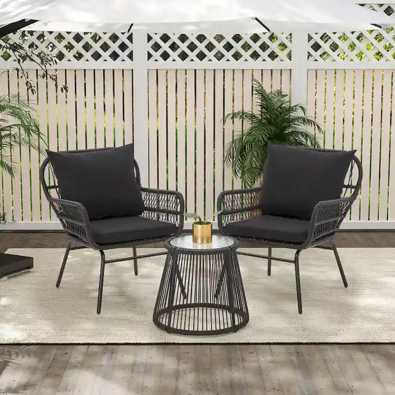 3-Piece Patio Conversation Bistro Set, Outdoor Rattan Furniture Set with Glass Table & 2 Wide Armchairs, Seat Cushions