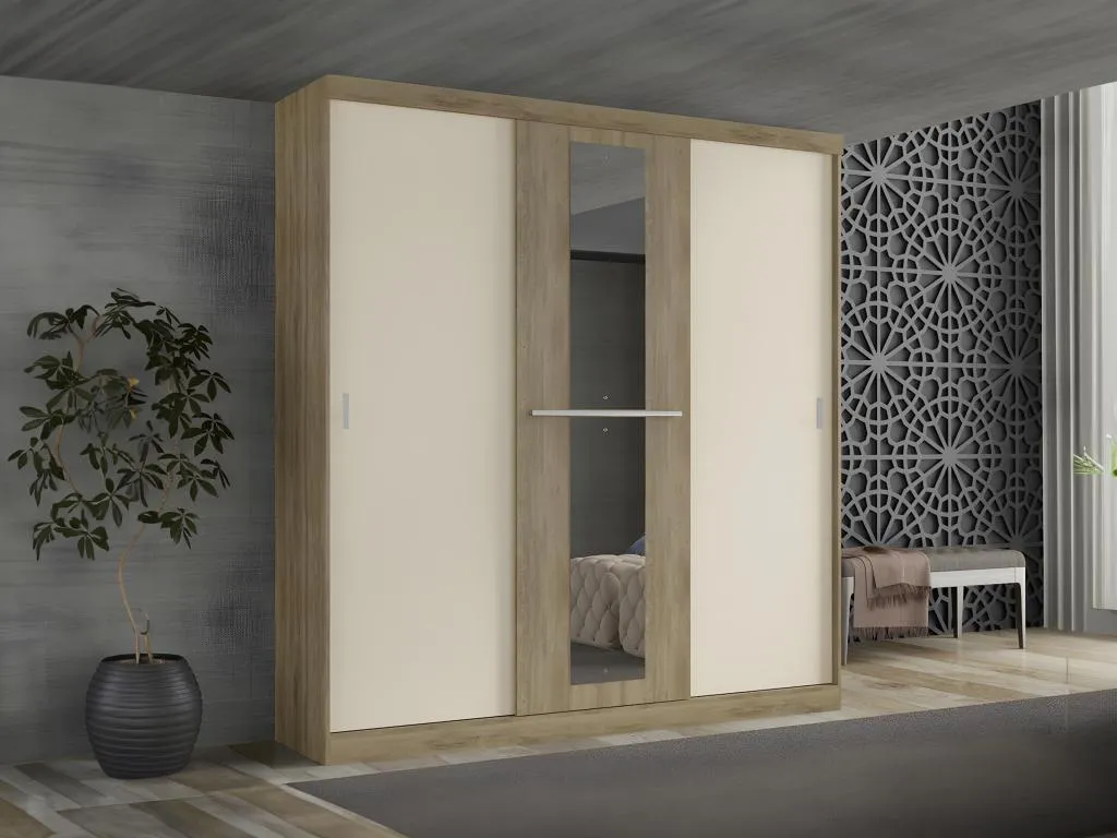 Armario - 3 puertas correderas - Largo 205 cm - Natural y blanco marfil - Decoesp 58984MNHY