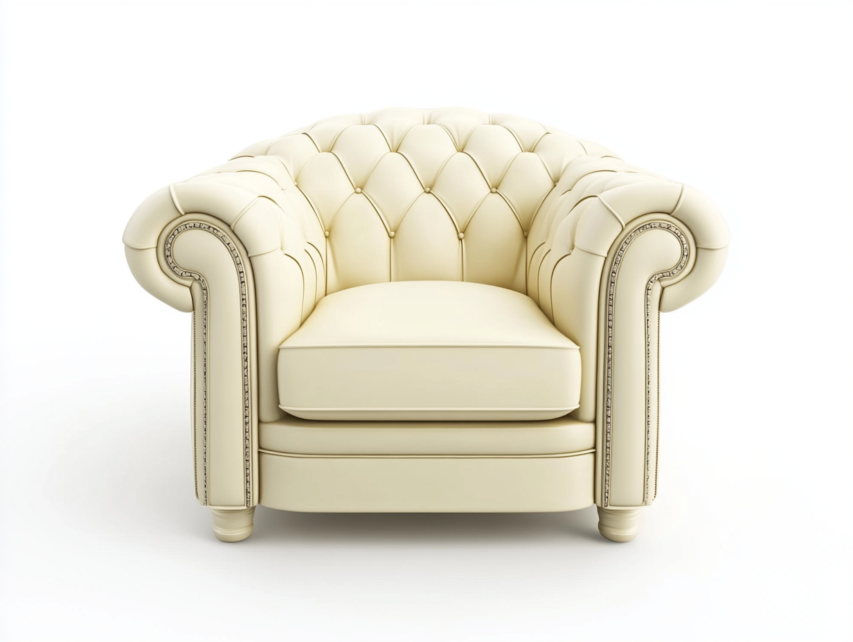 Sillón de cuero color crema con diseño tufted, elegante y cómodo, ideal para salón o oficina de lujo