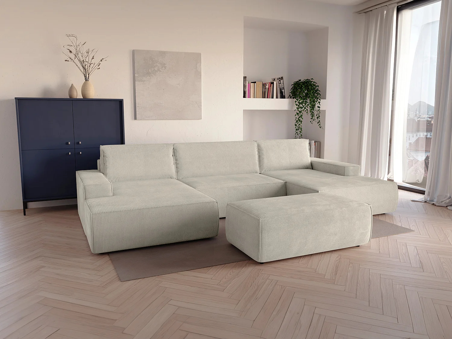 Gran sofá cama rinconera panorámico de pana beige AMELIA