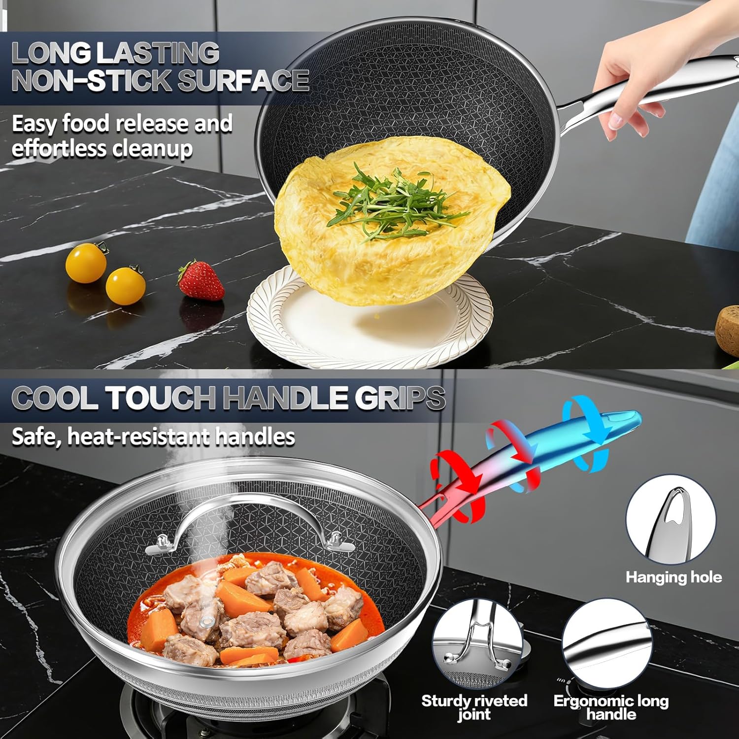 Woks & Stir-fry Pans Nonstick - Hybrid 304 Stainless Steel Wok 10.8