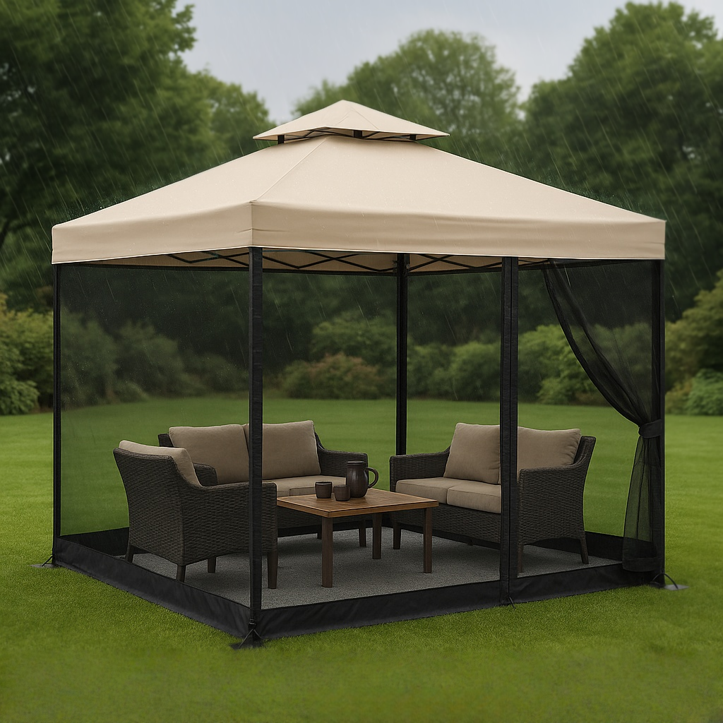 Gazebo de Jardín Cenador Beige/Negro Poliéster y Metal para Exterior 300x220x280 cm