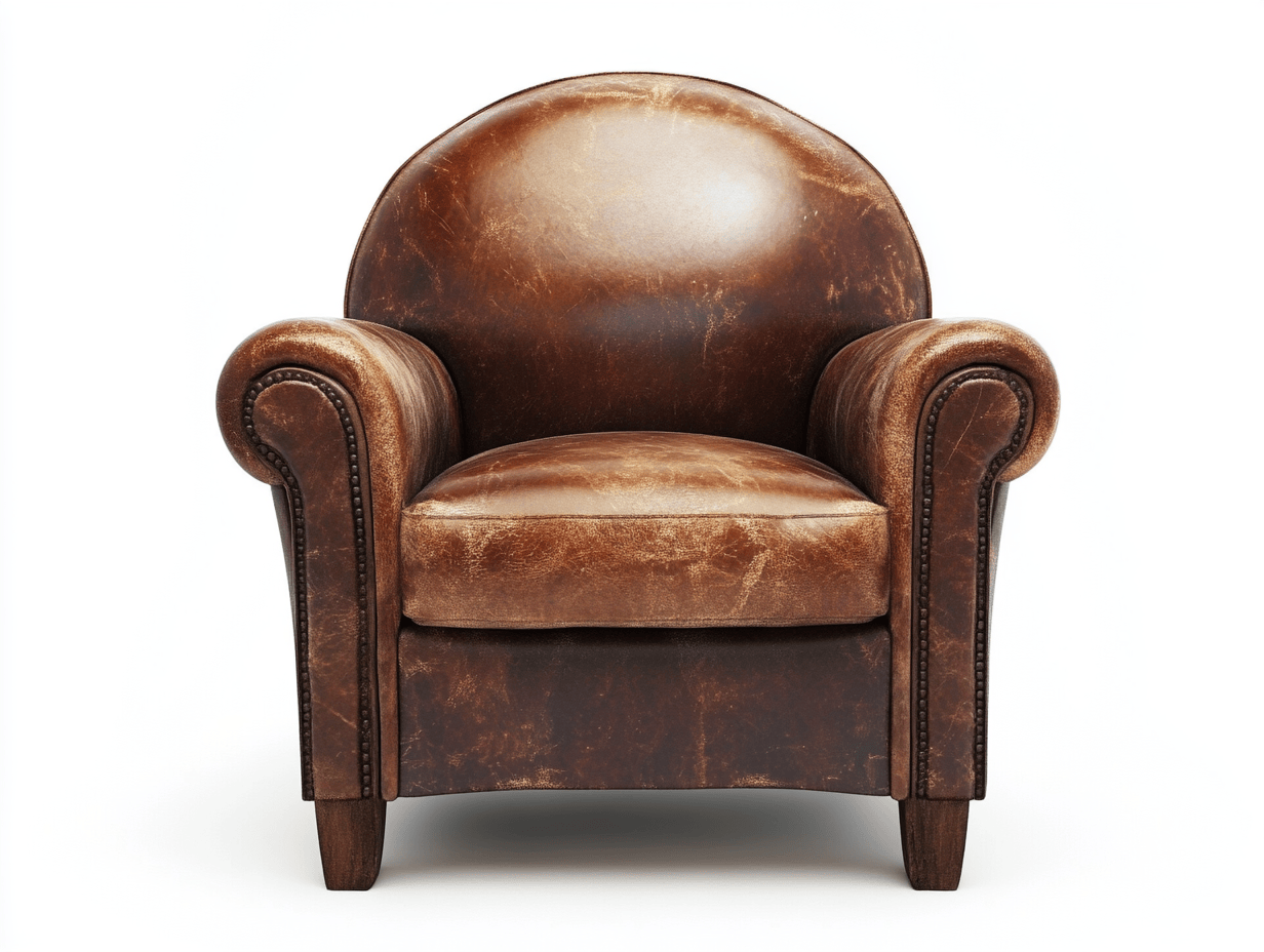 Sillón club vintage en cuero marrón envejecido 88×84×92 cm – respaldo redondeado – estilo clásico para salón