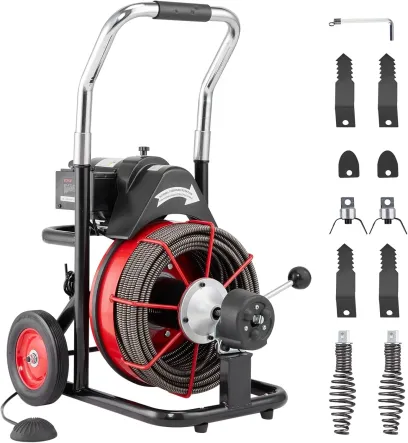 Drain Cleaner Machine 100FT x 1/2 Inch, Auto Feed Sewer Snake Auger on Wheels, 550W Portable Drain Cleaning Machine with 8 Cutters & Air-activated Foot for 2" to 4" Pipes