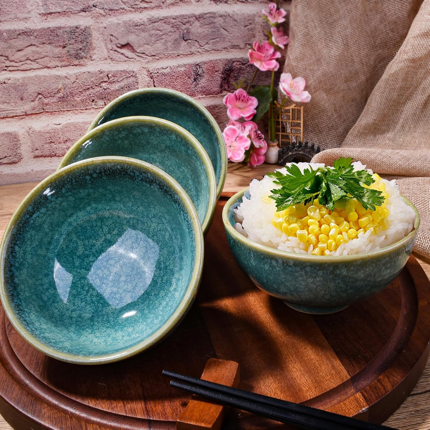 Porcelain Rice Bowls Ceramic Sushi Bowl Set of 4 Perfect for Soup Cereal Oatmeal Fruit Rice Microwave and Dishwasher Safe Green